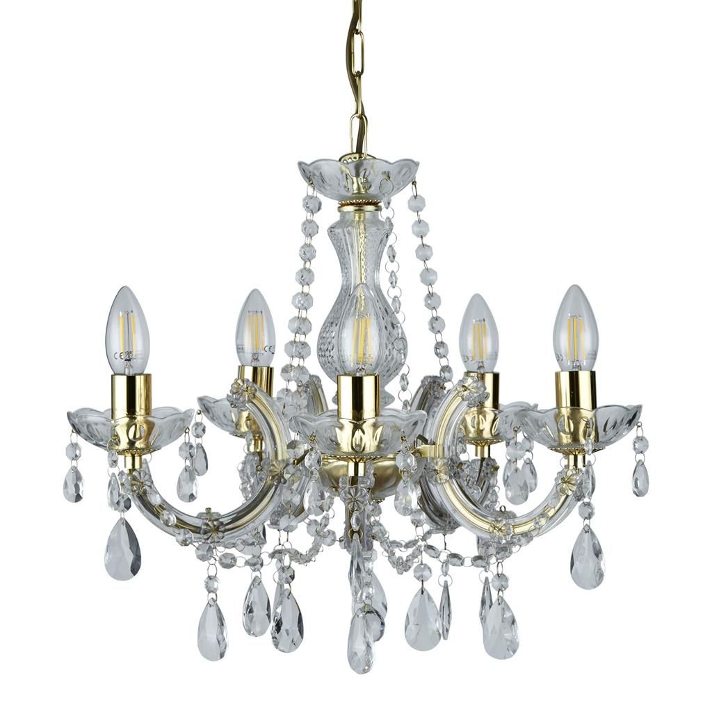 Marie Therese 5Lt Chandelier Ceiling Light - Polished Brass & Crystal Finish - Cusack Lighting