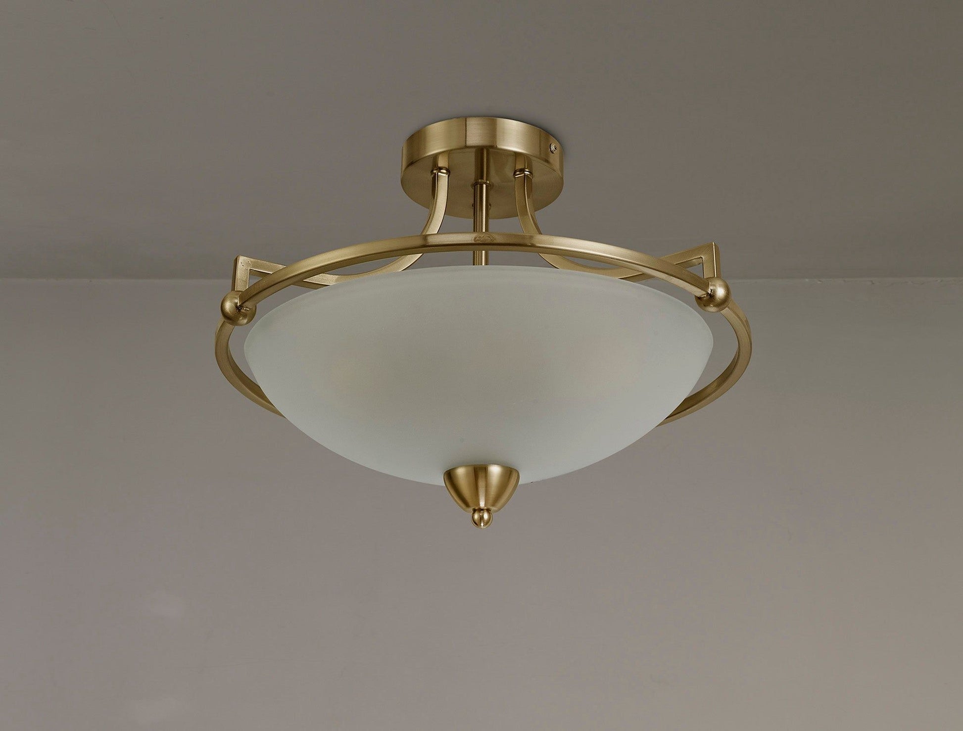 Mario Semi-Flush Ceiling, 3 Light E27, Antique Brass/Frosted Glass