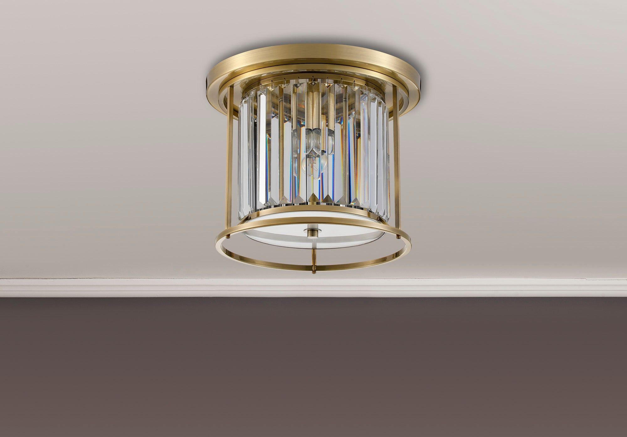 Belle Flush Ceiling Light, 3Lt x E27 - Antique Brass & Clear IP20