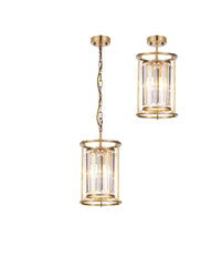 Belle Semi Flush Ceiling Light, 1Lt x E27 - Antique Brass & Clear IP20