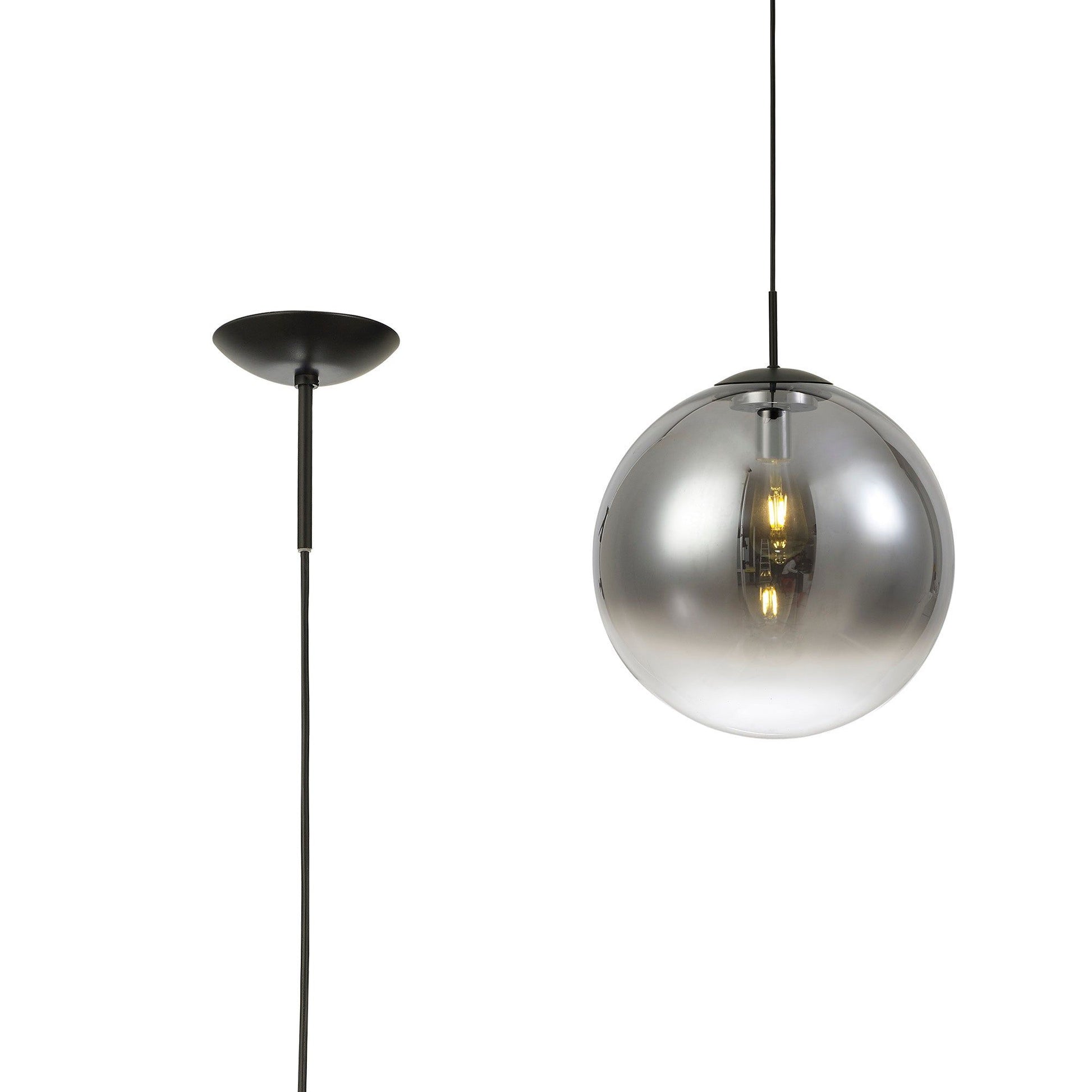 Miranda Pendant Ceiling Light Small/Medium/Large - Polished Chrome & Clear Glass/Copper & Clear Glass/Satin Nickel & White Glass/Matt Black/Smoke Fade Glass./Antique Gold Suspension with Gold/Black Suspension With Frosted White Glass Finish IP20