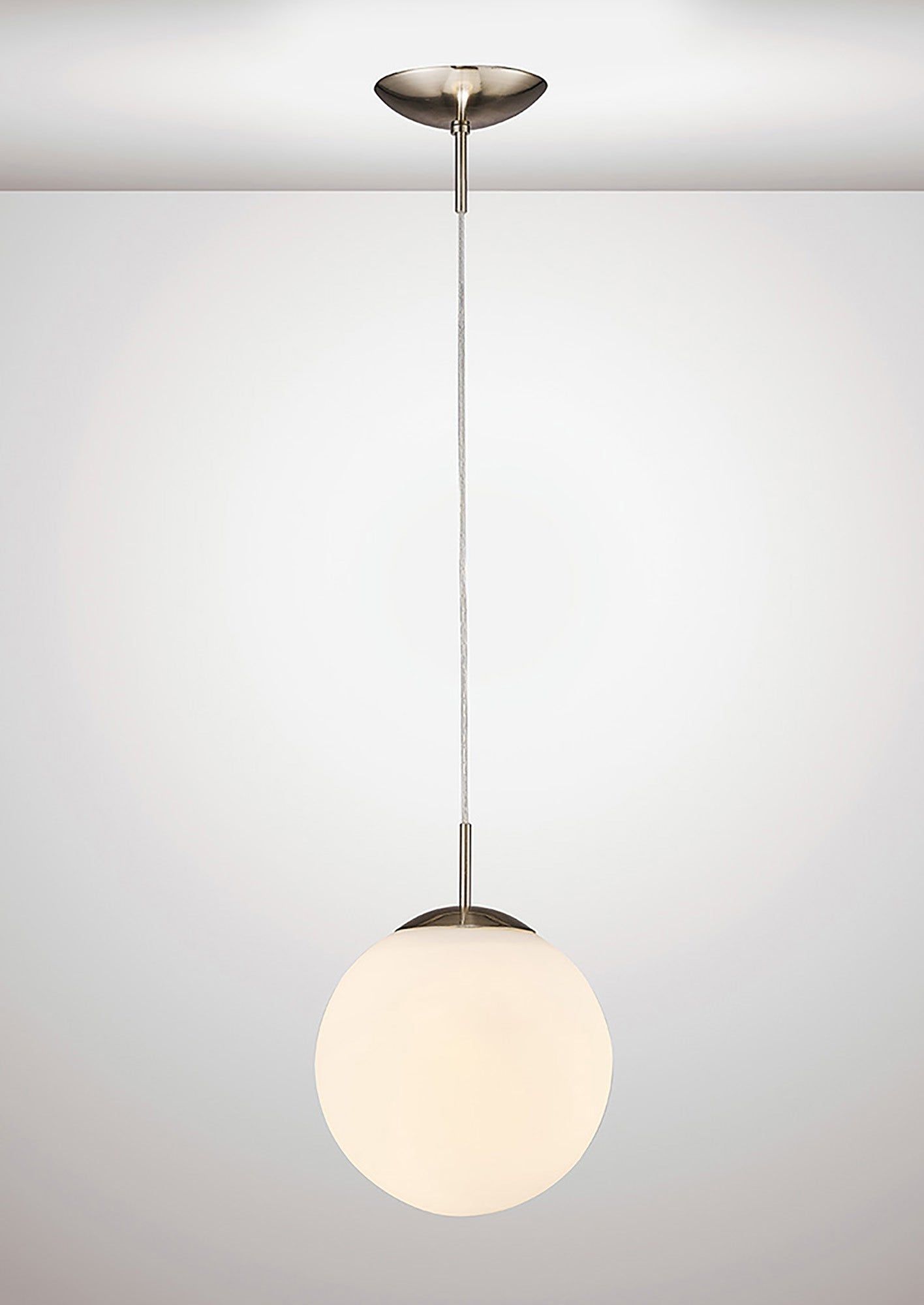 Miranda Small Ball Pendant 1 Light E27 Satin Nickel Suspension With Frosted White Glass Globe