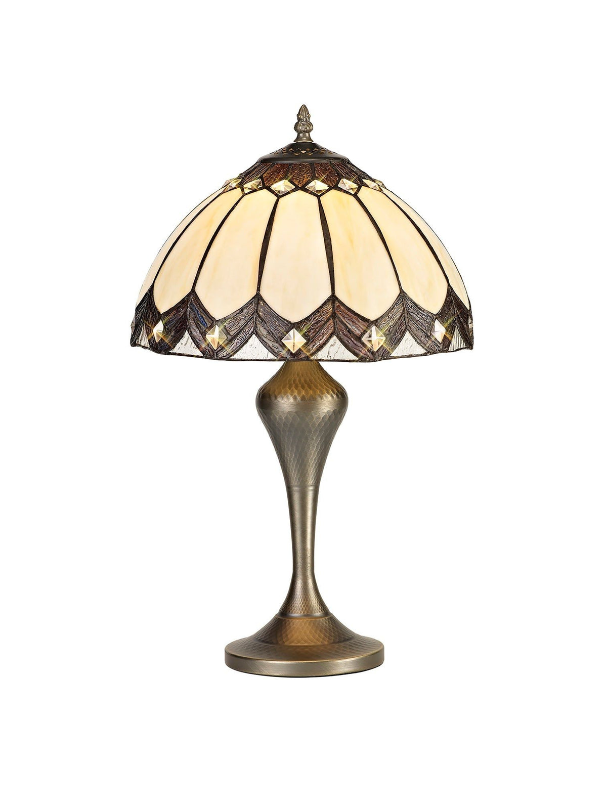 Mitra Tiffany Table Lamp, 1 x E27, Aged Antique Brass Base/Cream/Brown Glass/Clear Crystal