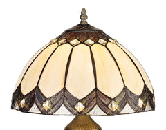 Mitra Tiffany Table Lamp, 1 x E27, Aged Antique Brass Base/Cream/Brown Glass/Clear Crystal