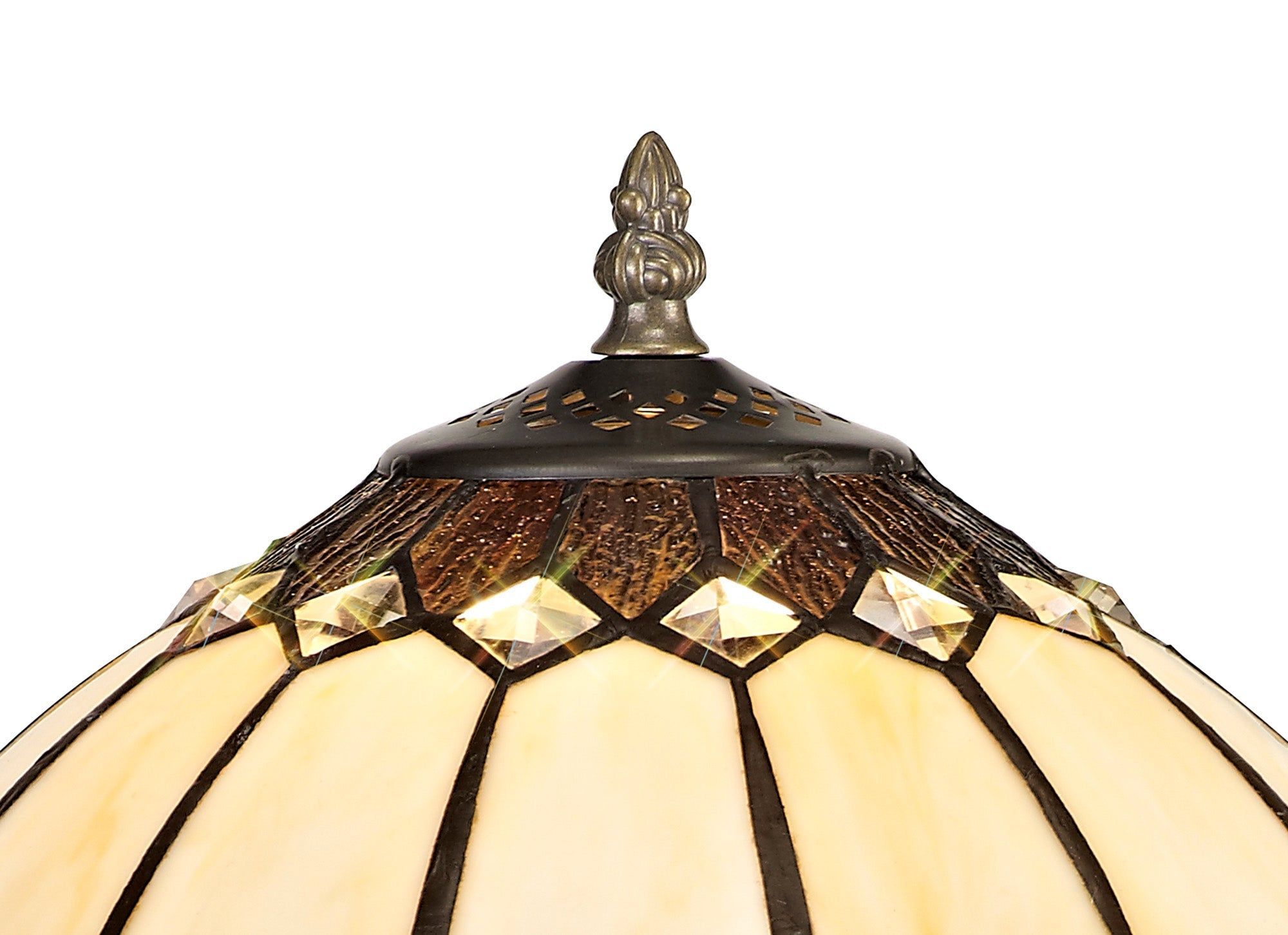 Mitra Tiffany Table Lamp, 1 x E27, Aged Antique Brass Base/Cream/Brown Glass/Clear Crystal