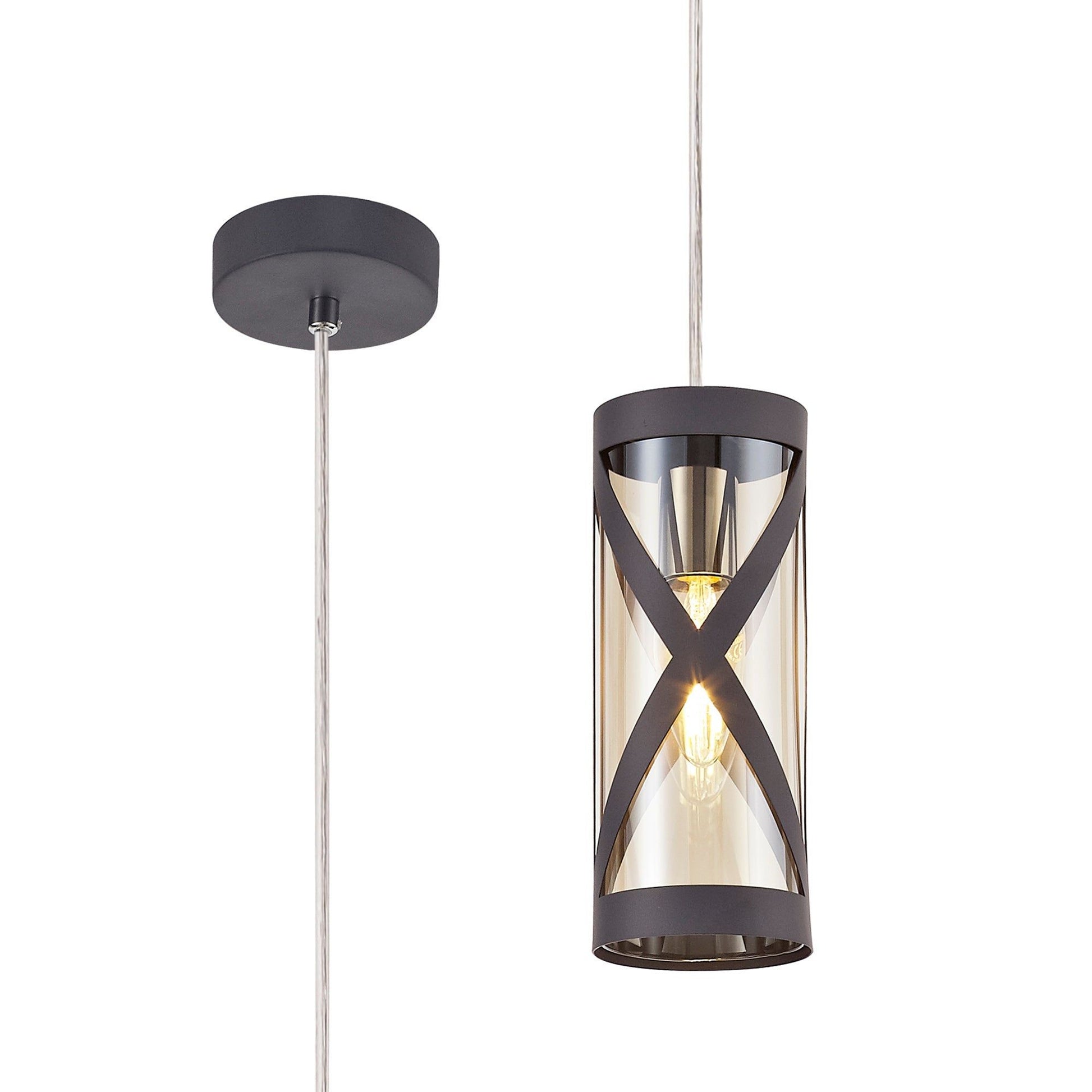 Taeims 1 Light Pendant E14, Matt Grey/Polished Chrome/Cognac
