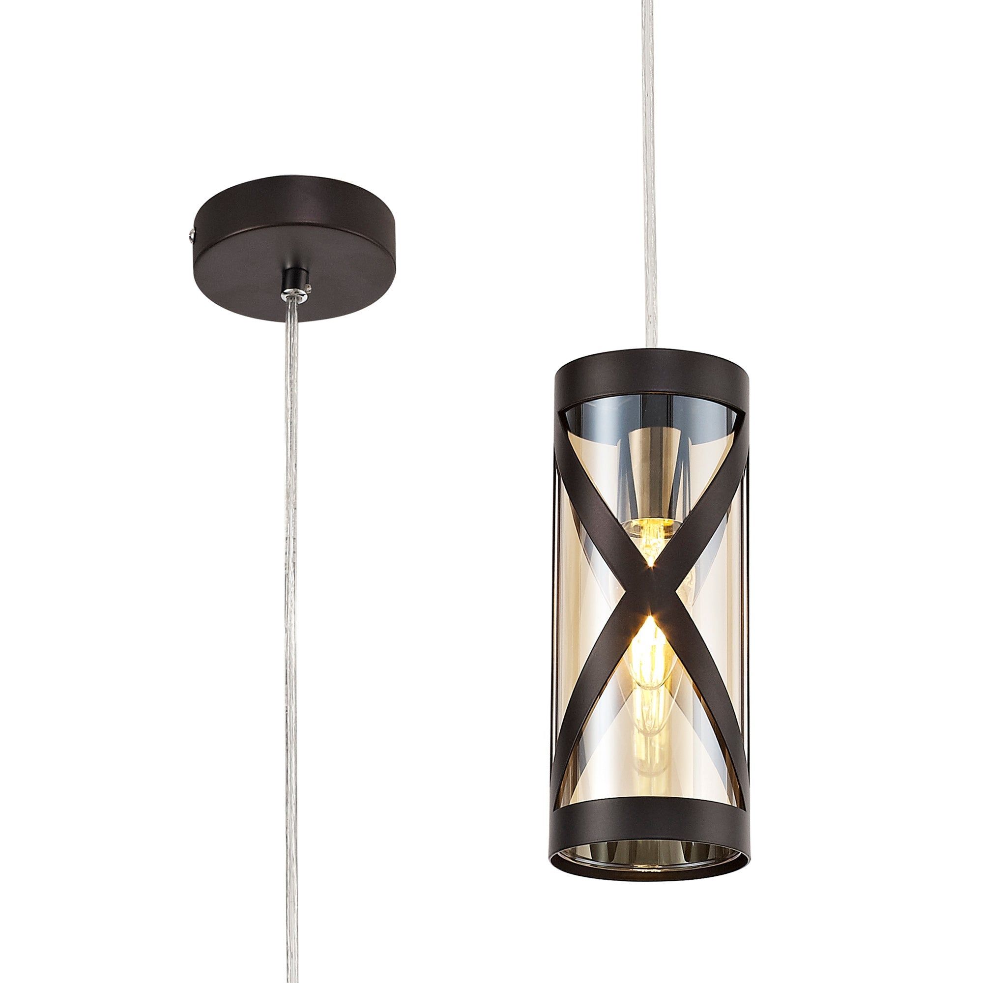 Taeims 1 Light Pendant E14, Matt Grey/Polished Chrome/Cognac
