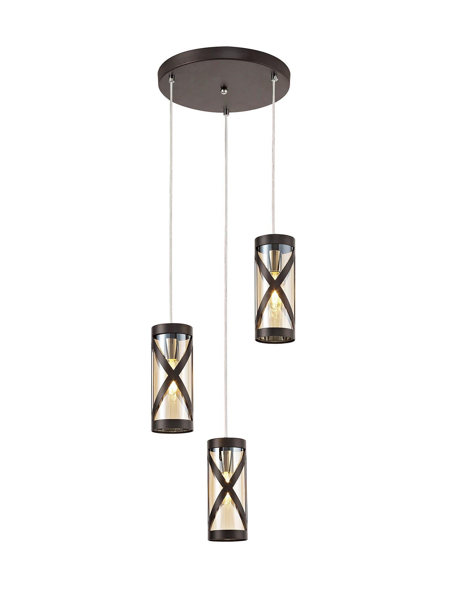 Taeims 3 Light Round Pendant E14, Oiled Bronze/Matt Grey/Polished Chrome/Cognac