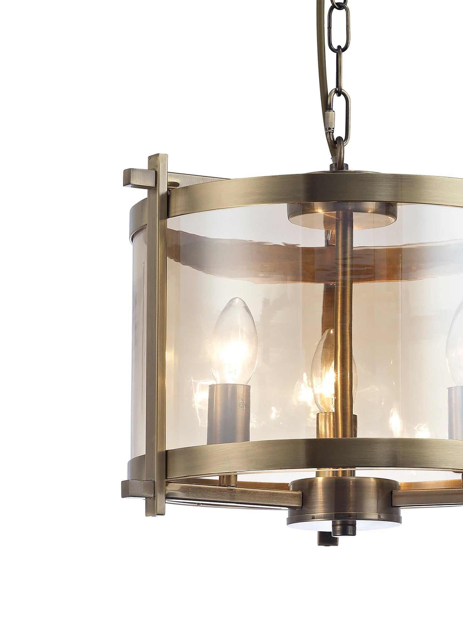 Nolan Single Small Pendant 3 Light E14 Antique Brass/Amber Glass