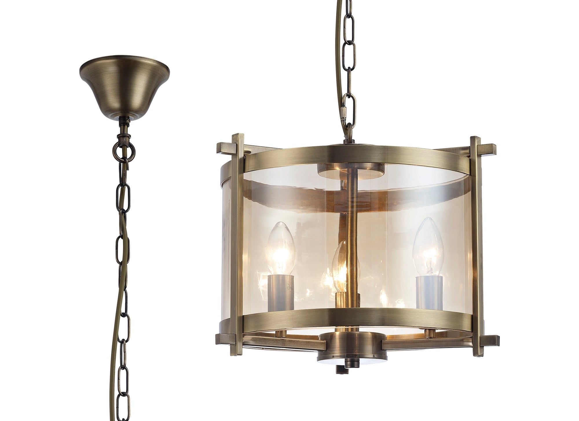 Nolan Single Small Pendant 3 Light E14 Antique Brass/Amber Glass