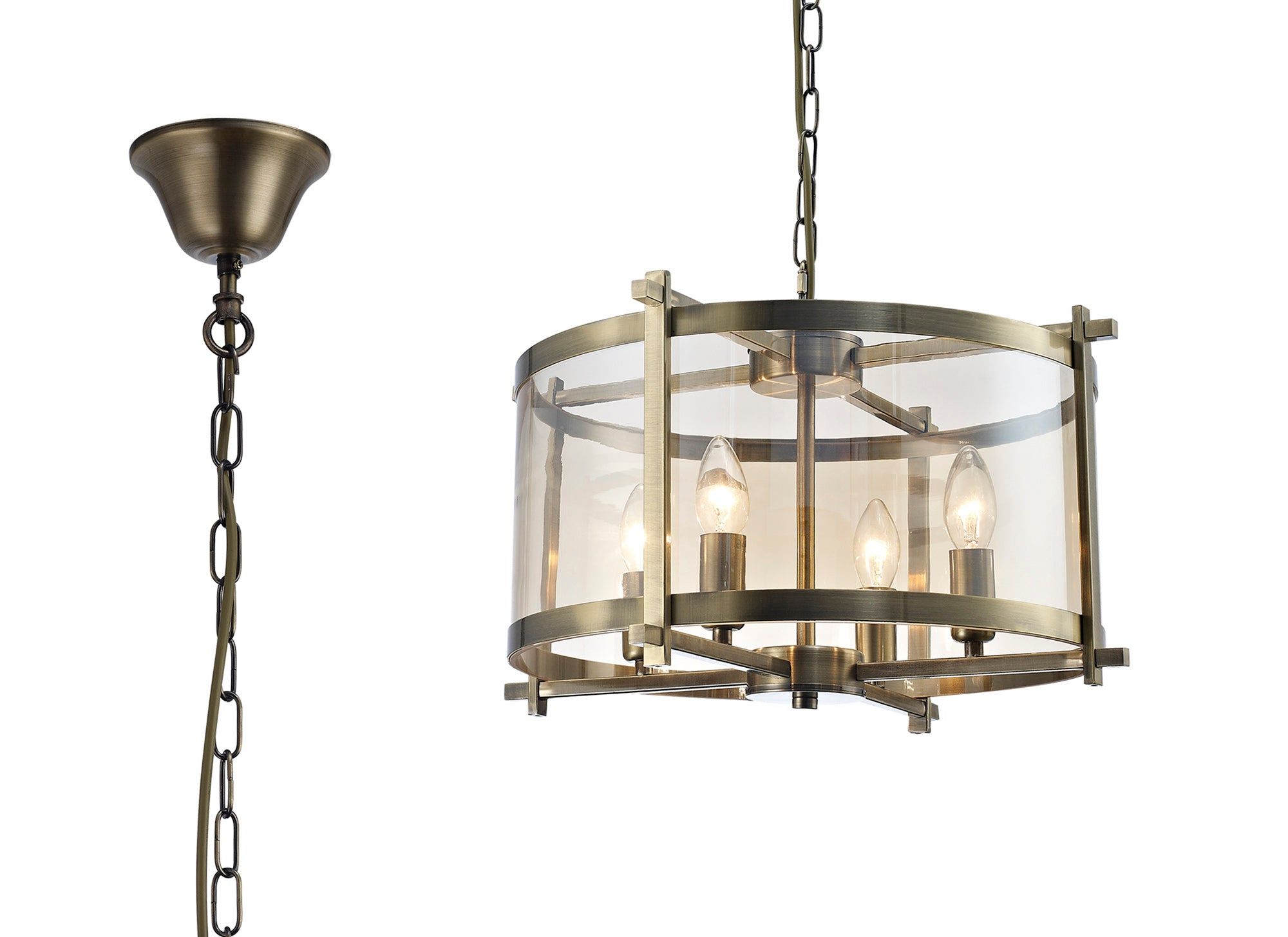 Nolan Single Medium Pendant 4 Light E14 Antique Brass/Amber Glass