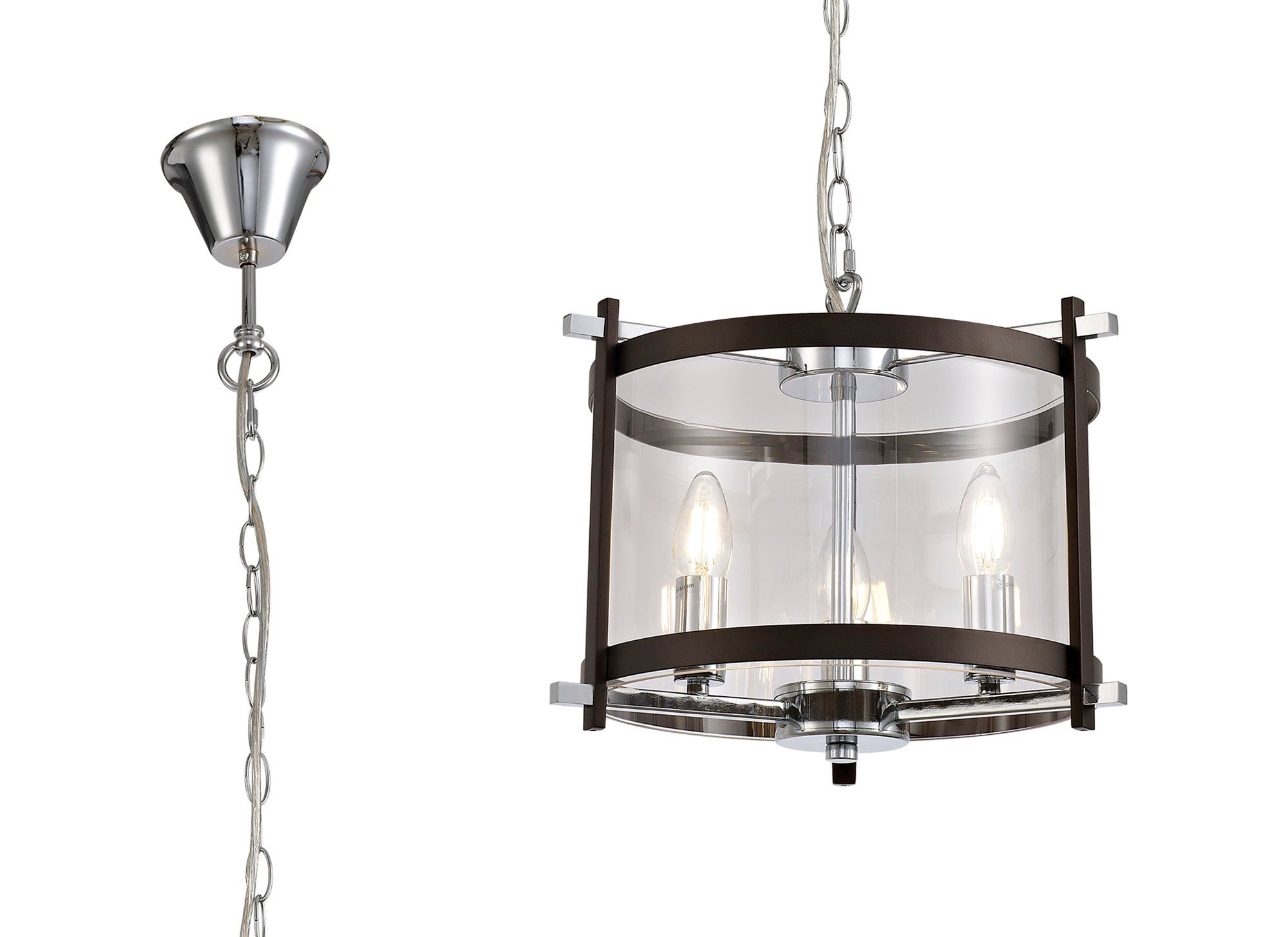 Nolan Single Small Pendant 3 Light E14 Brown Oxide/Polished Chrome/Clear Glass