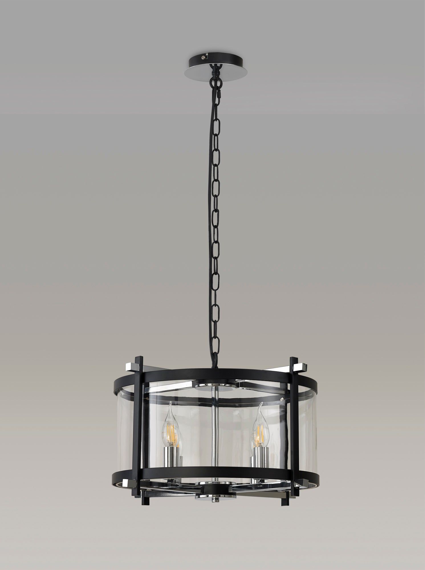 Nolan Single Medium Pendant 4 Light E14 Black With Polished Chrome Detail And Clear Glass