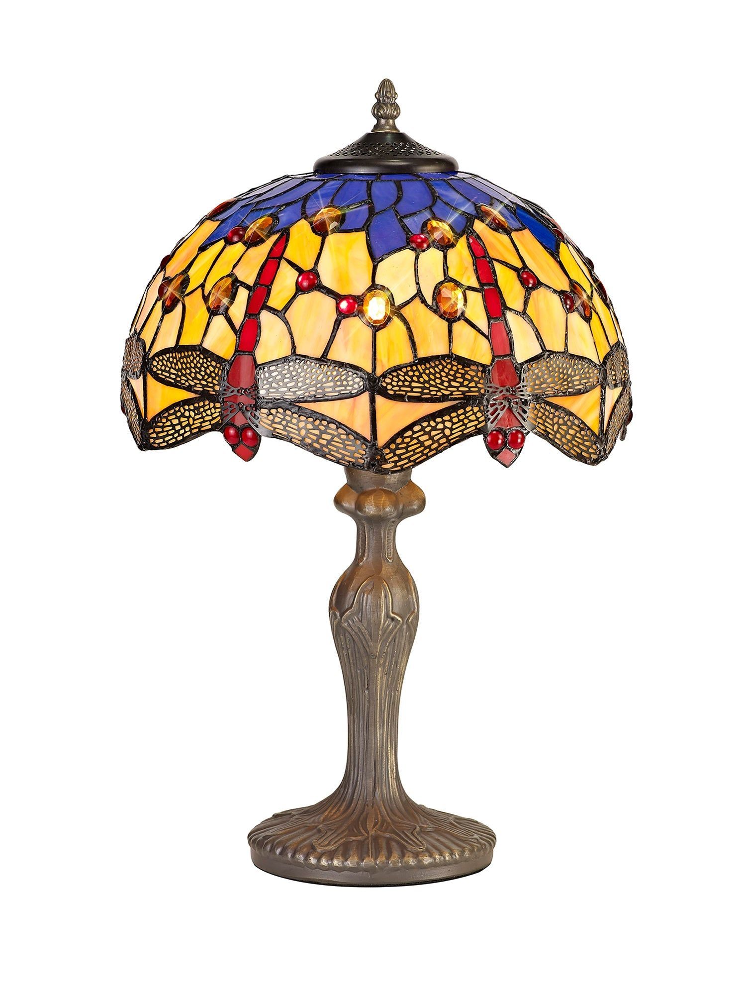 Nuflur 1 Light Curved Table Lamp E27 With 30cm Tiffany Shade, Blue/Orange/Crystal/Aged Antique Brass, Purple/Pink/Crystal/Aged Antique Brass