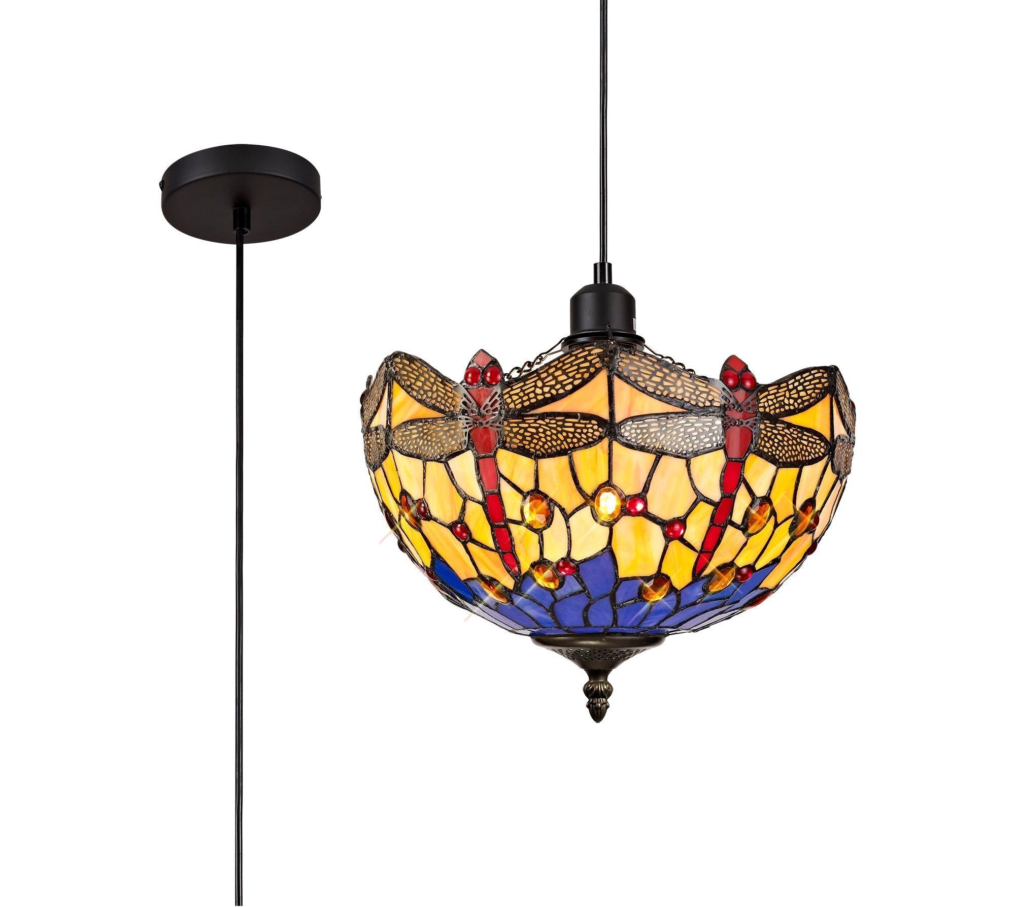 Nuflur 1 Light Uplighter Pendant E27 With 30cm Tiffany Shade, Blue/Orange/Crystal/Black