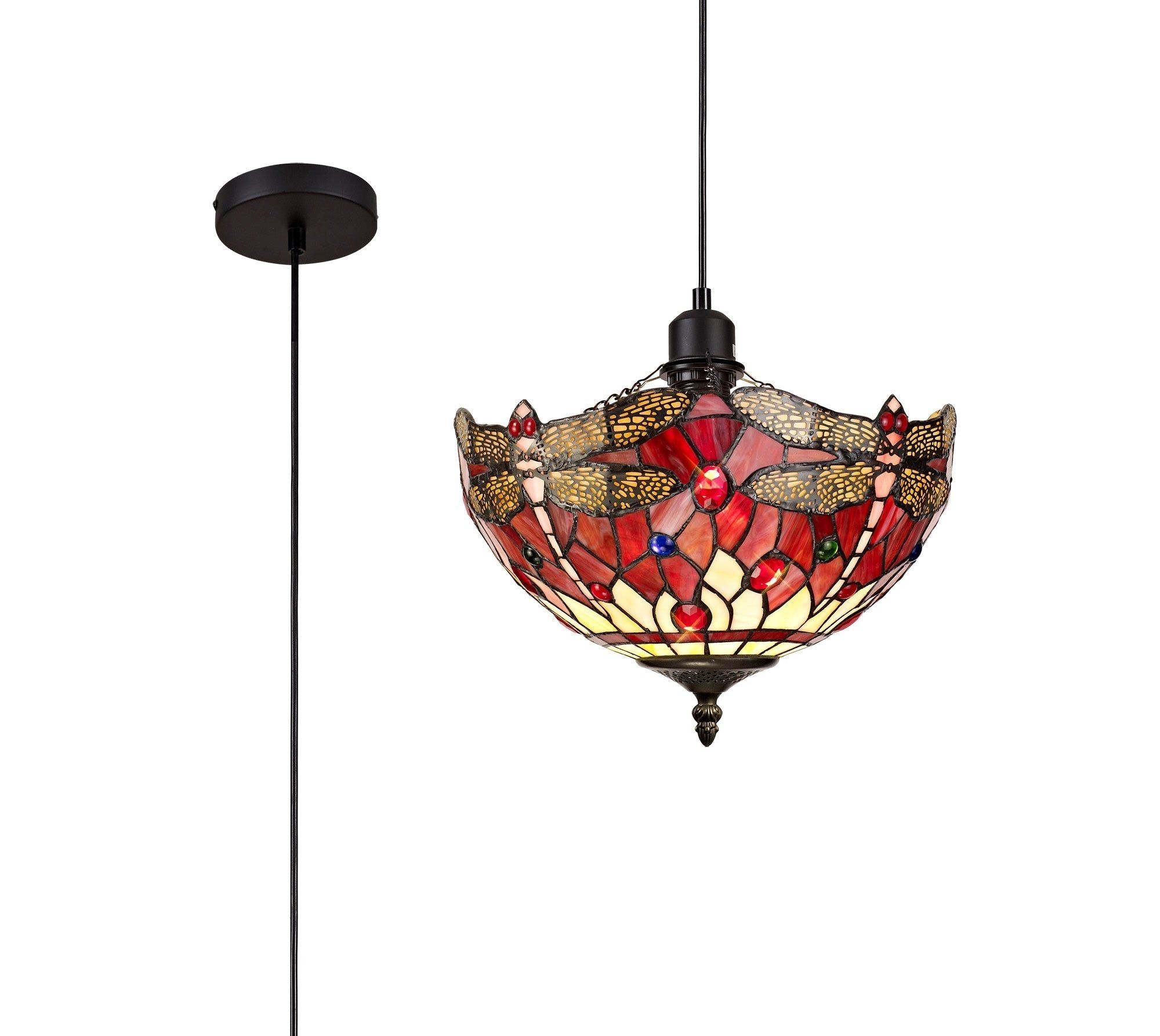 Nuflur 1 Light Uplighter Pendant E27 With 30cm Tiffany Shade, Blue/Orange/Crystal/Black