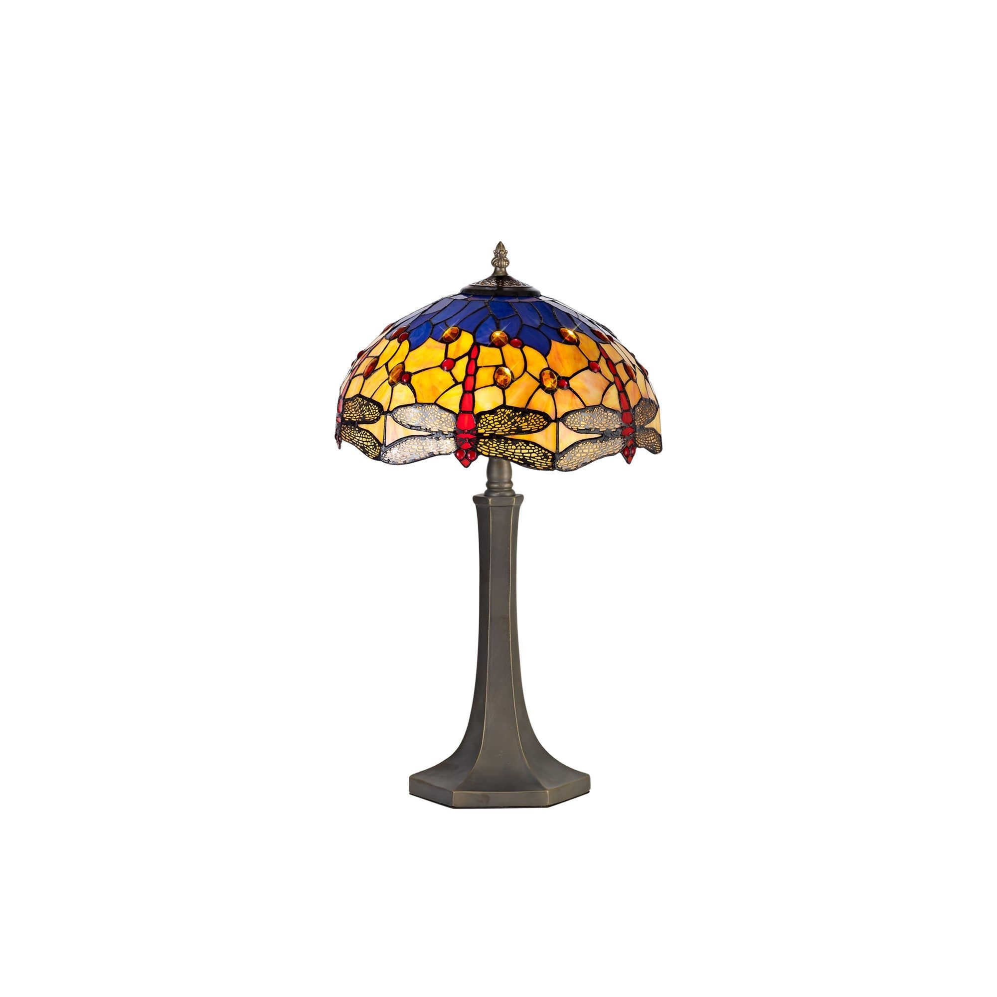 Nuflur 2 Light Octagonal Table Lamp E27 With 40cm Tiffany Shade, Blue/Orange/Crystal/Aged Antique Brass