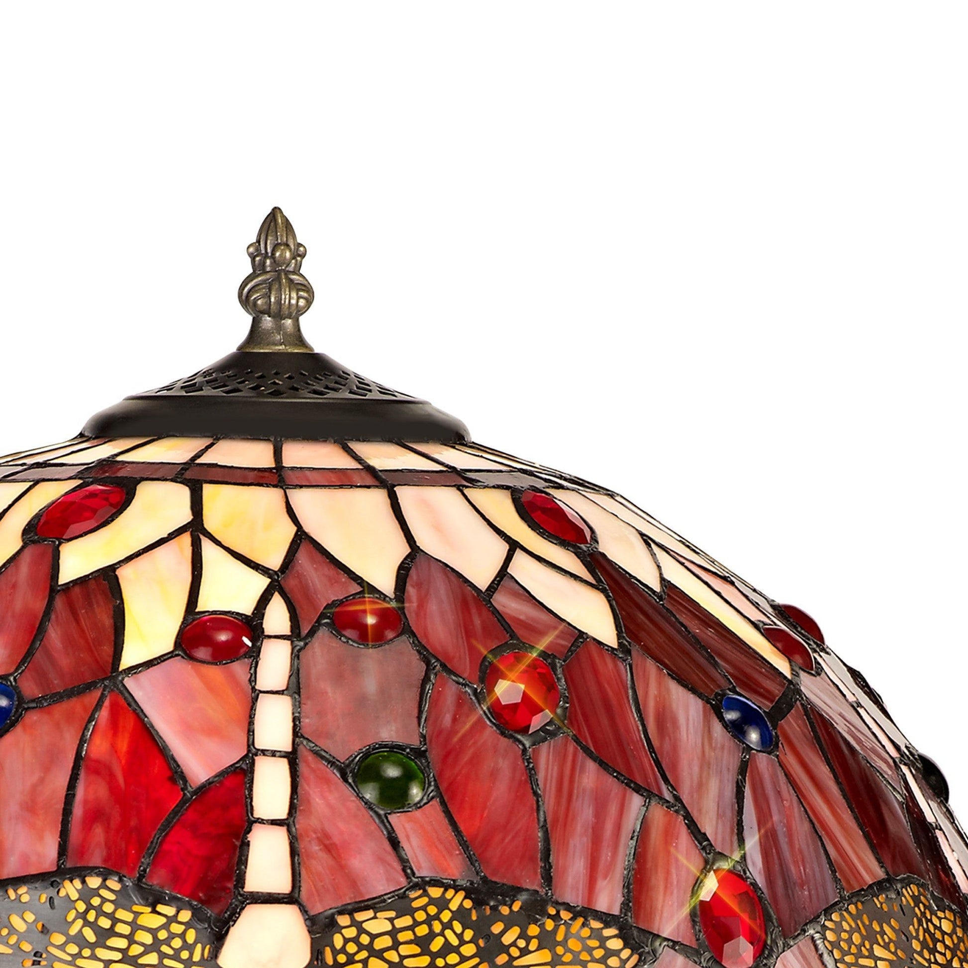 Nuflur 2 Light Octagonal Table Lamp E27 With 40cm Tiffany Shade, Blue/Orange/Crystal/Aged Antique Brass
