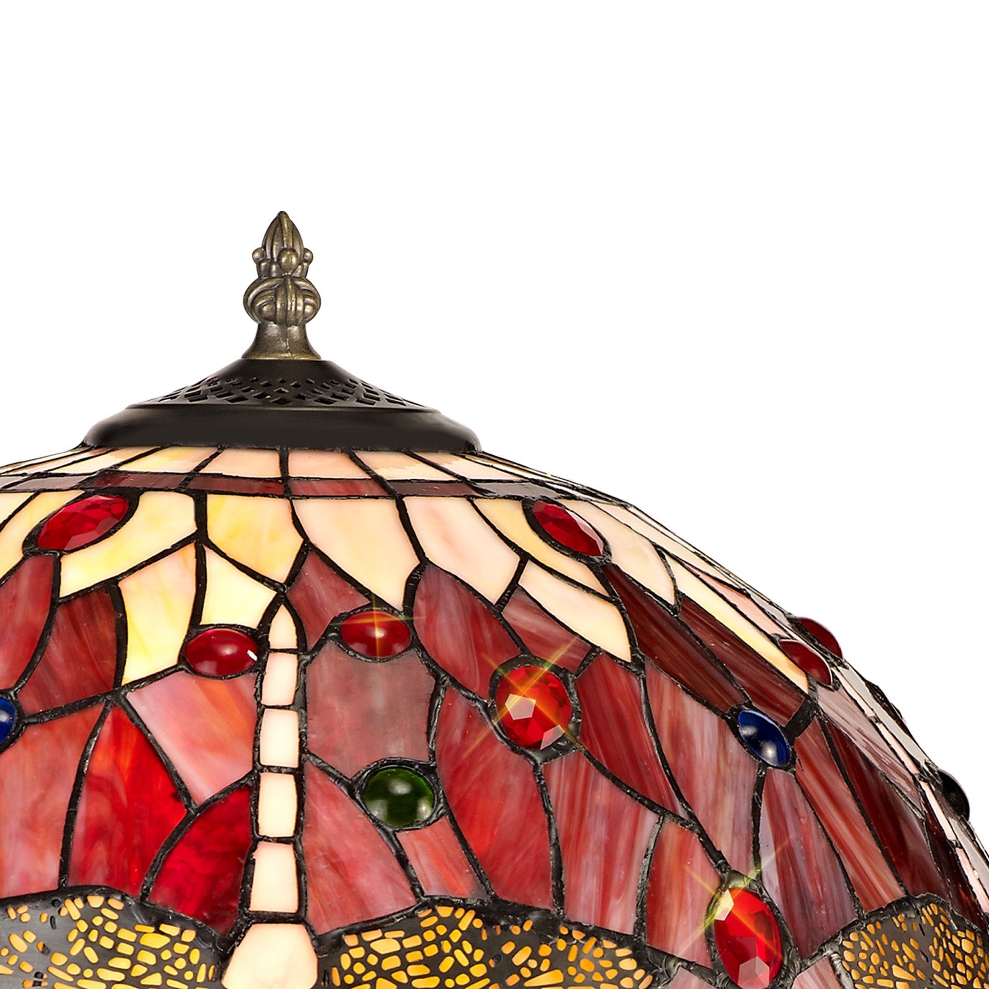 Nuflur 2 Light Octagonal Table Lamp E27 With 40cm Tiffany Shade, Blue/Orange/Crystal/Aged Antique Brass