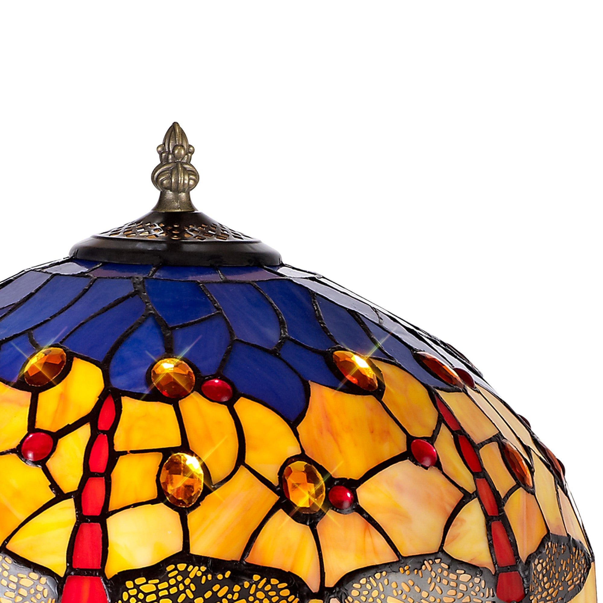 Nuflur 2 Light Octagonal Table Lamp E27 With 40cm Tiffany Shade, Blue/Orange/Crystal/Aged Antique Brass