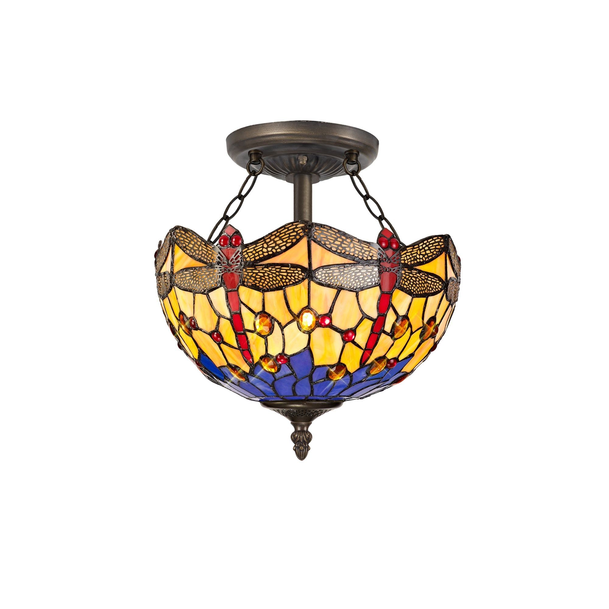 Nuflur 2 Light Semi Ceiling E27 With 30cm Tiffany Shade, Blue/Orange/Crystal/Aged Antique Brass
