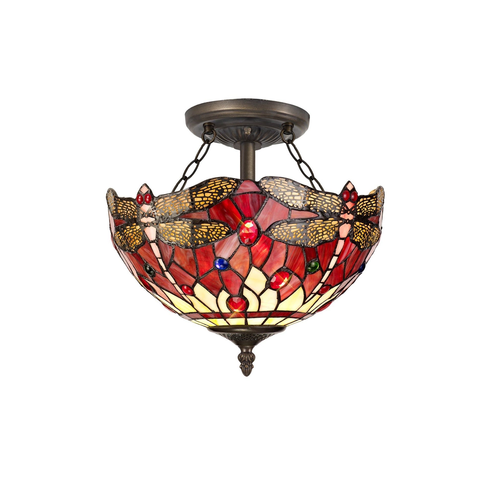 Nuflur 2 Light Semi Ceiling E27 With 30cm Tiffany Shade, Blue/Orange/Crystal/Aged Antique Brass