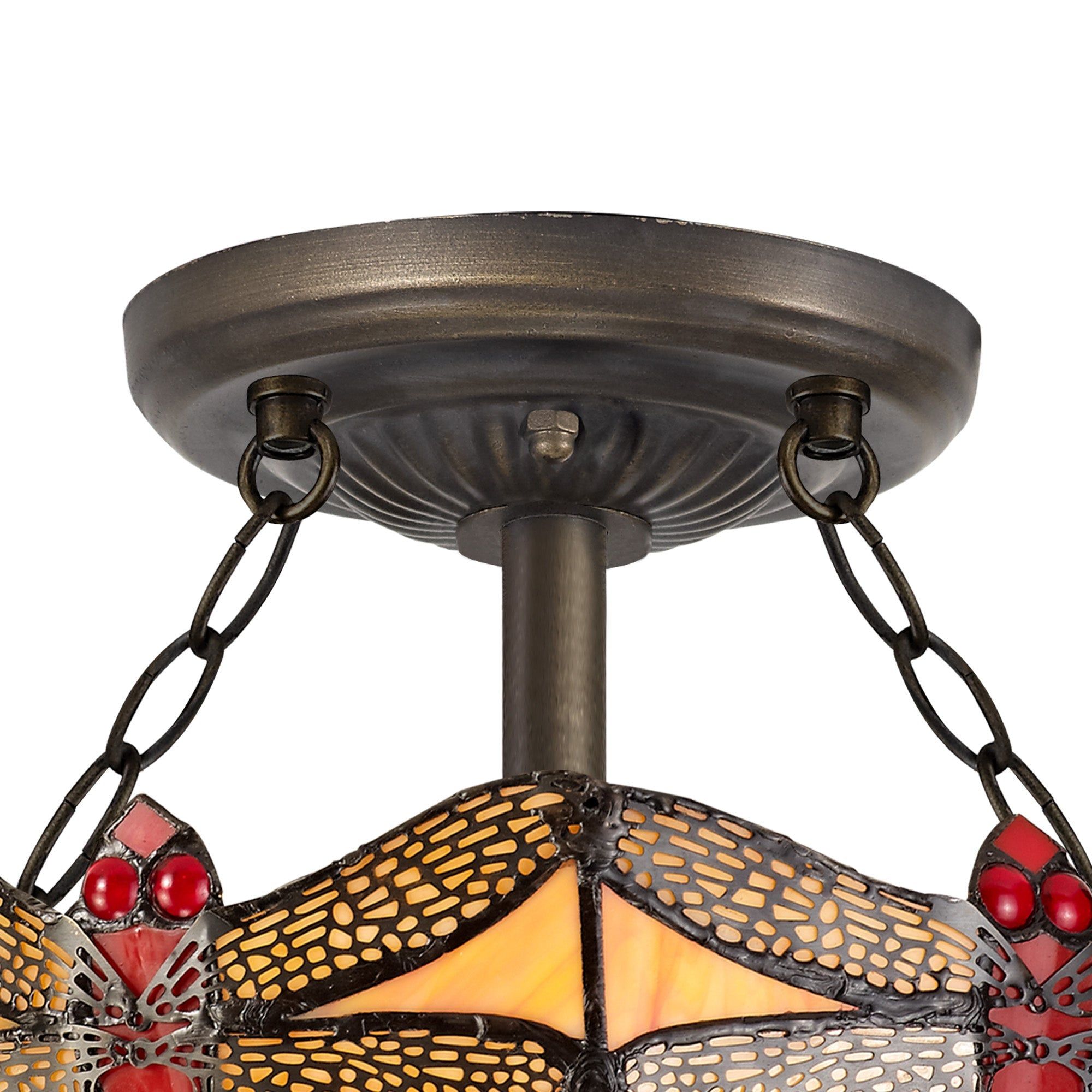 Nuflur 2 Light Semi Ceiling E27 With 30cm Tiffany Shade, Blue/Orange/Crystal/Aged Antique Brass