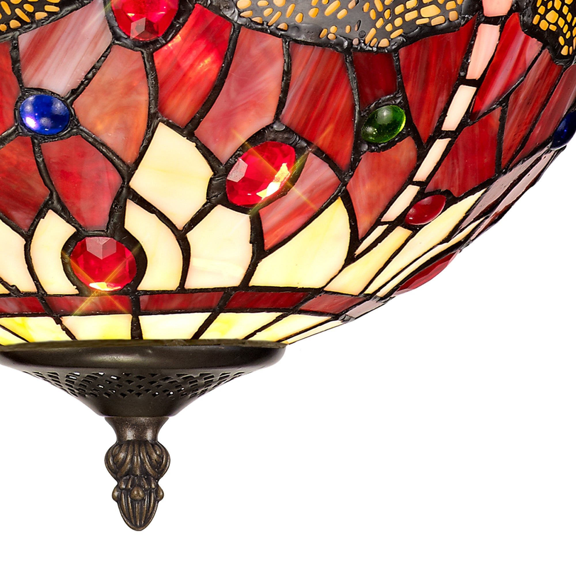 Nuflur 2 Light Semi Ceiling E27 With 30cm Tiffany Shade, Blue/Orange/Crystal/Aged Antique Brass