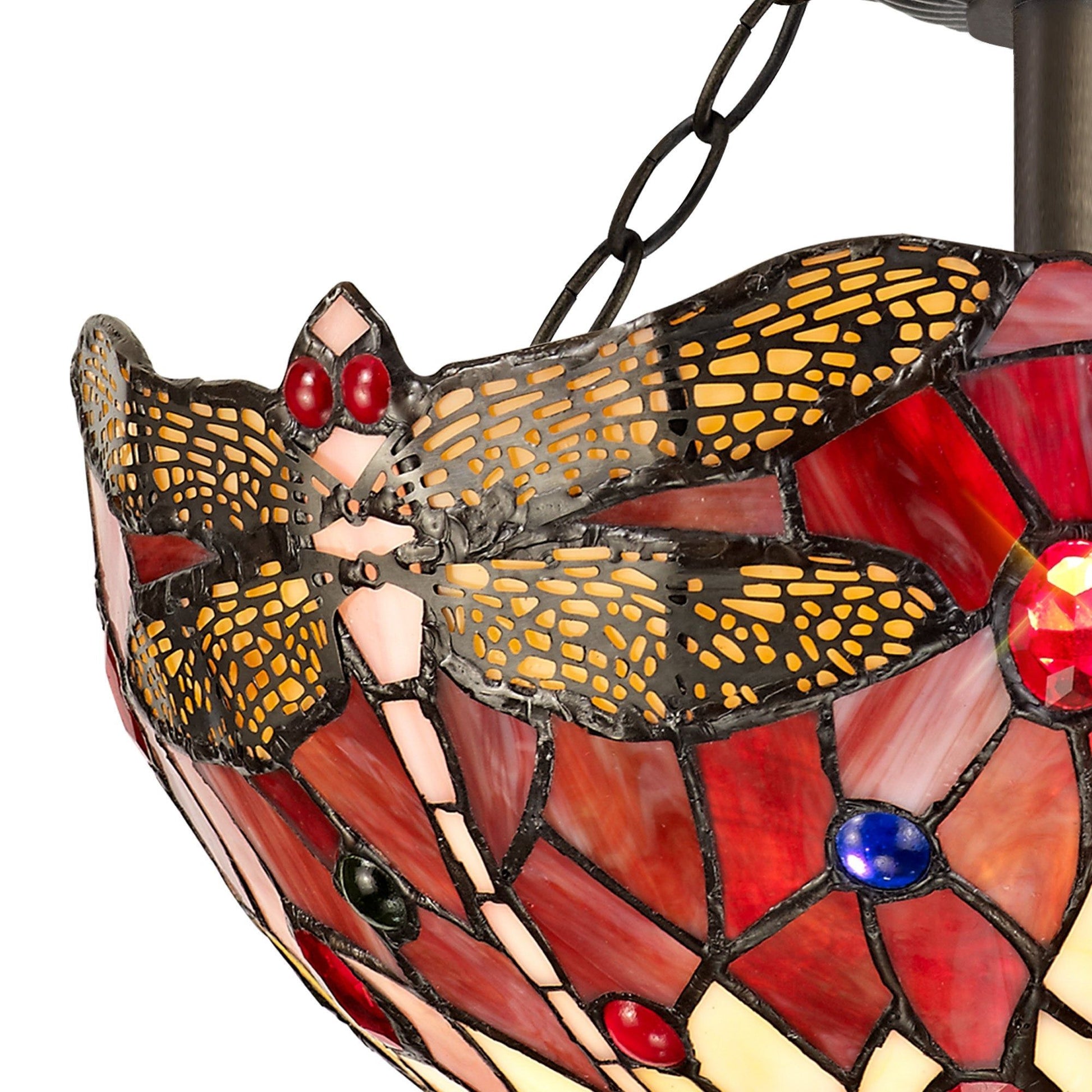 Nuflur 2 Light Semi Ceiling E27 With 30cm Tiffany Shade, Blue/Orange/Crystal/Aged Antique Brass