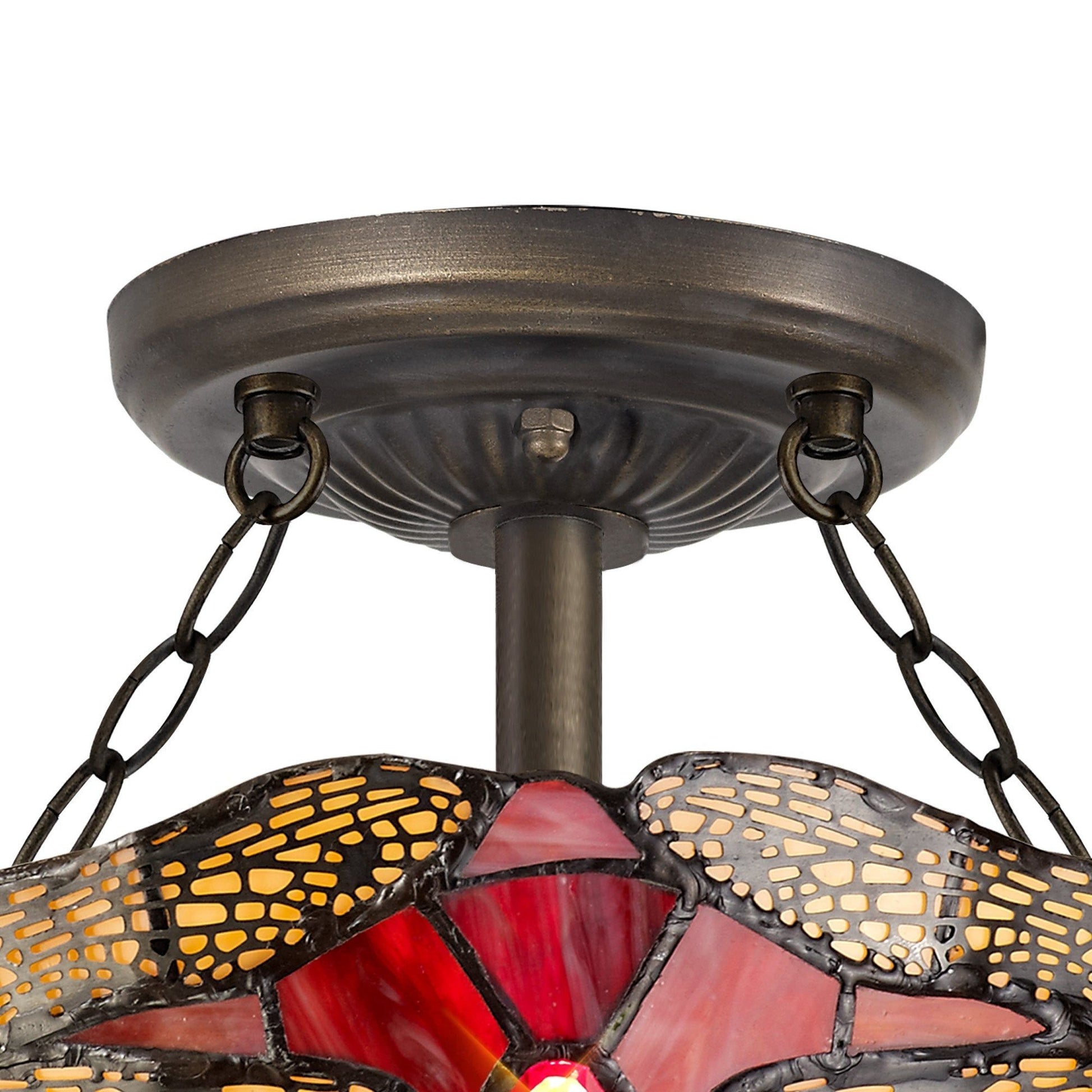 Nuflur 2 Light Semi Ceiling E27 With 30cm Tiffany Shade, Blue/Orange/Crystal/Aged Antique Brass