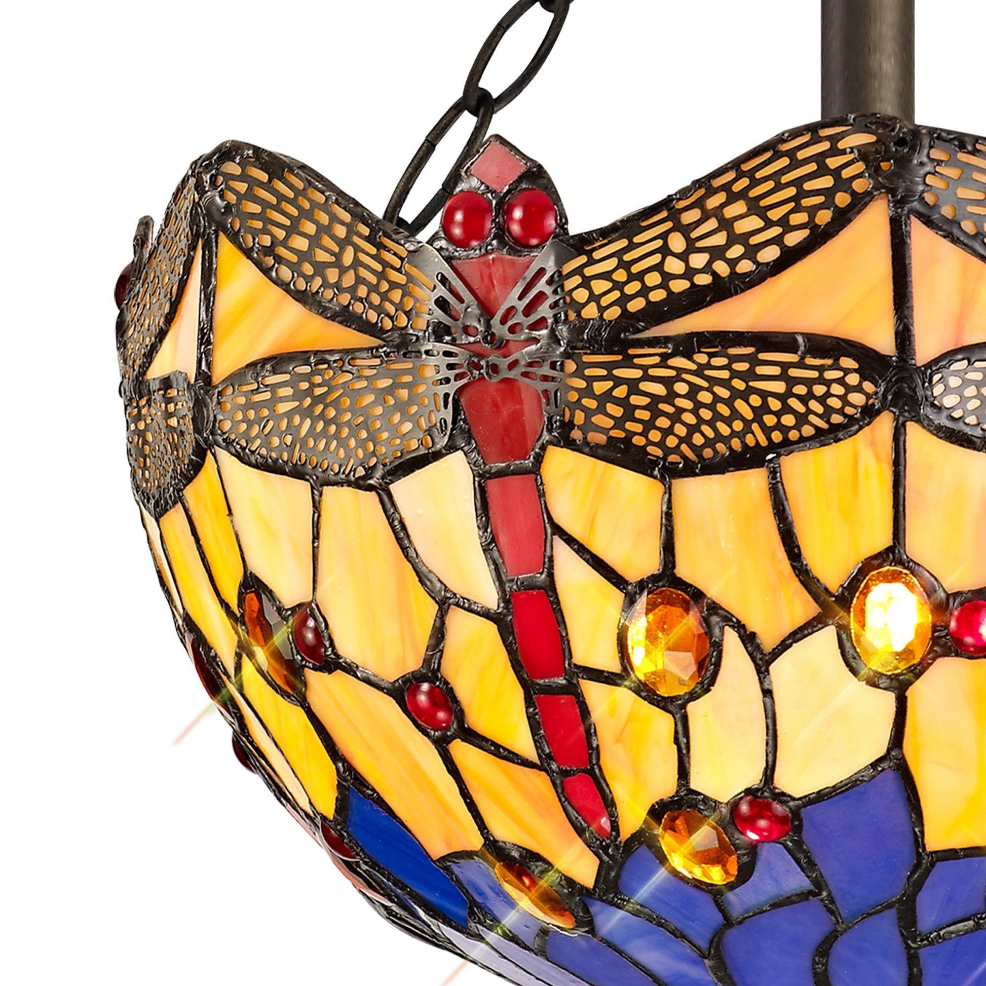 Nuflur 2 Light Semi Ceiling E27 With 30cm Tiffany Shade, Blue/Orange/Crystal/Aged Antique Brass