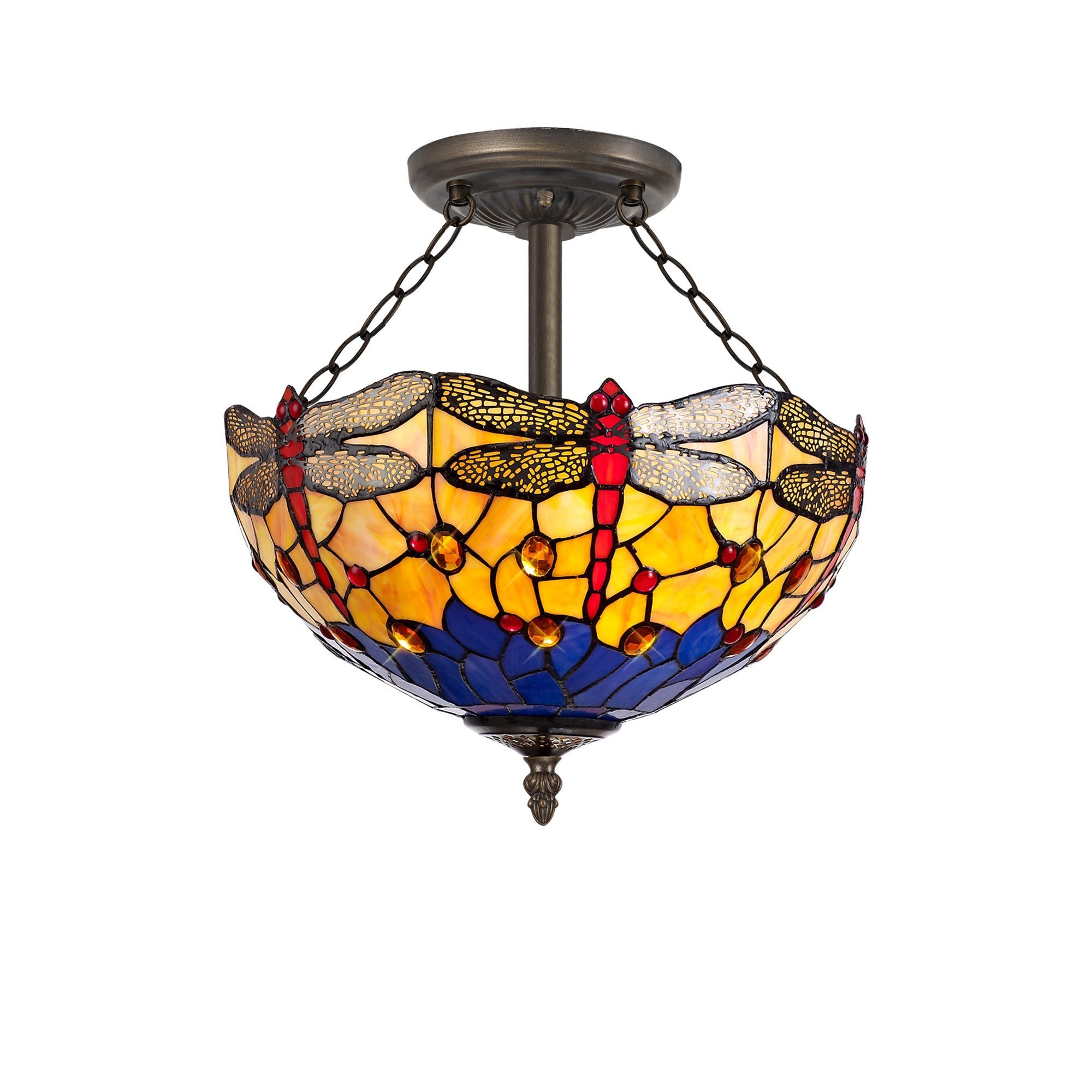Nuflur 3 Light Semi Ceiling E27 With 30cm Tiffany Shade, Blue/Orange/Crystal/Aged Antique Brass