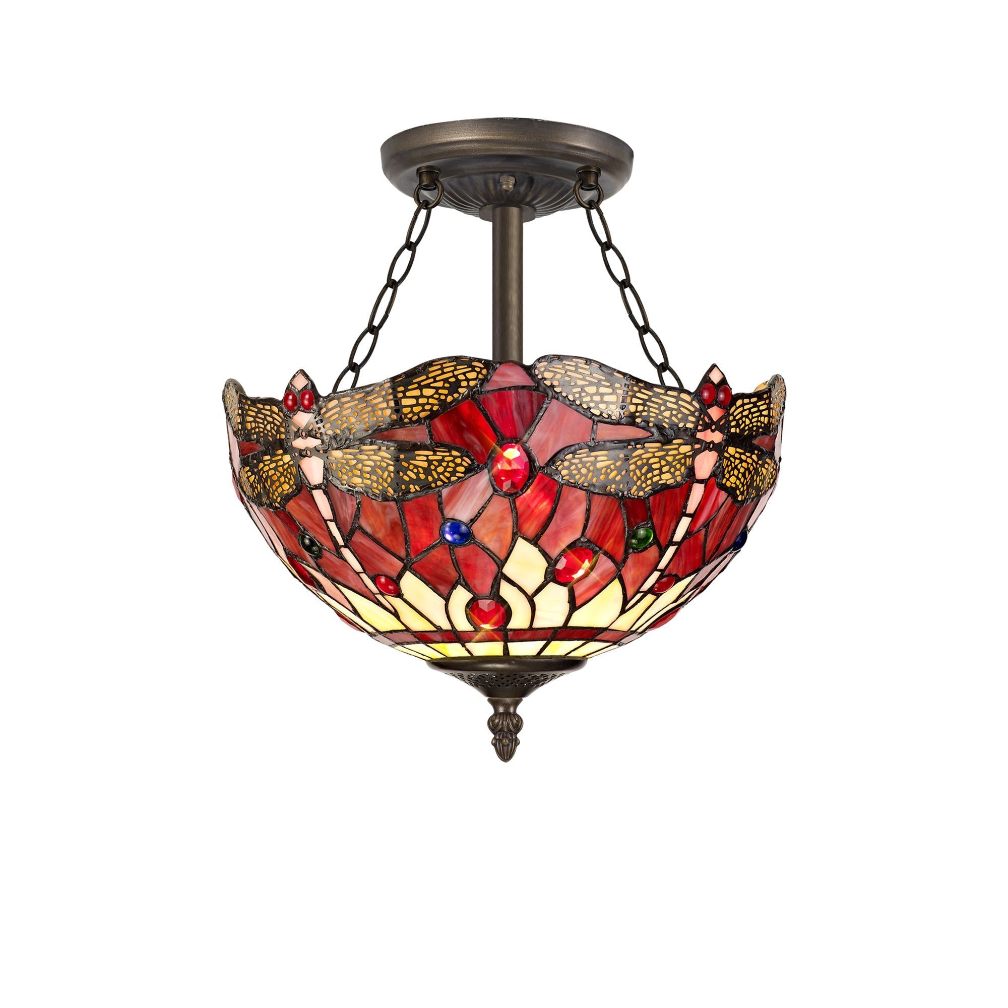 Nuflur 3 Light Semi Ceiling E27 With 30cm Tiffany Shade, Blue/Orange/Crystal/Aged Antique Brass