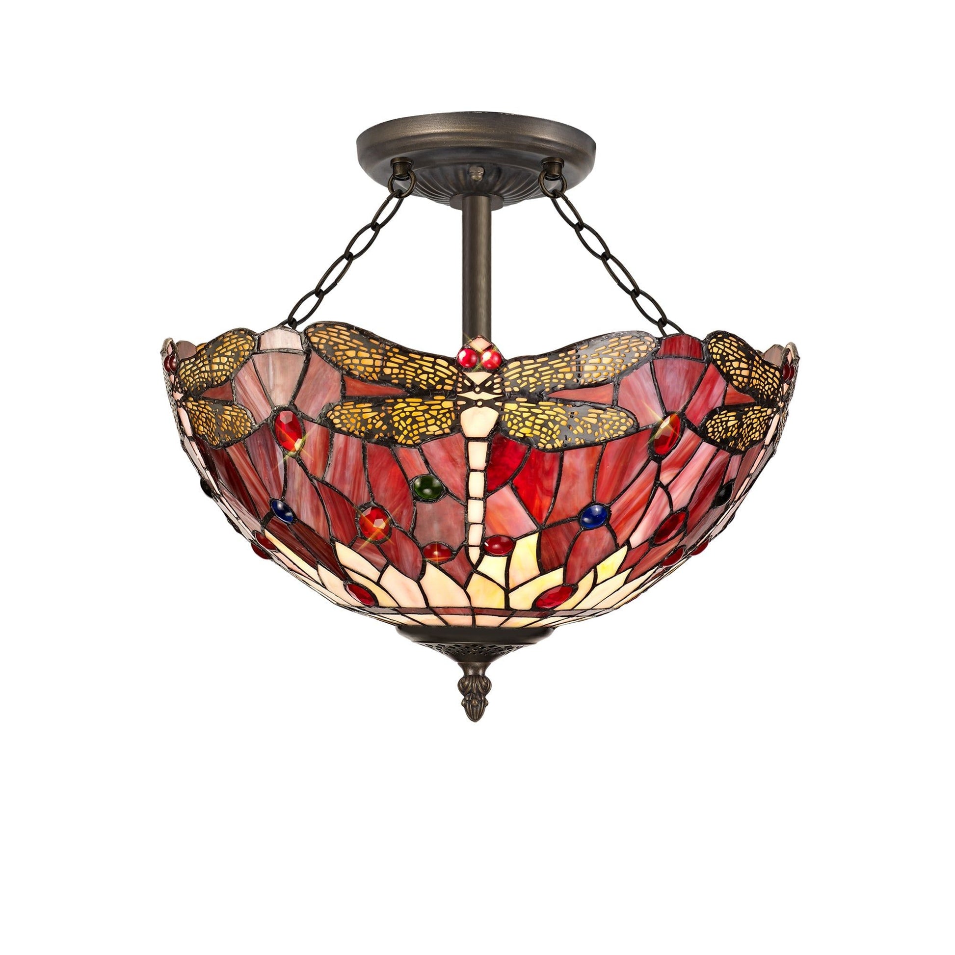 Nuflur 3 Light Semi Ceiling E27 With 30cm Tiffany Shade, Blue/Orange/Crystal/Aged Antique Brass