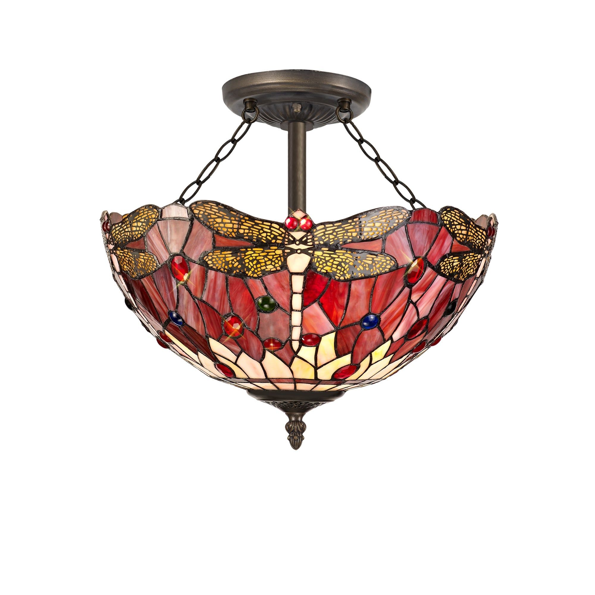 Nuflur 3 Light Semi Ceiling E27 With 30cm Tiffany Shade, Blue/Orange/Crystal/Aged Antique Brass