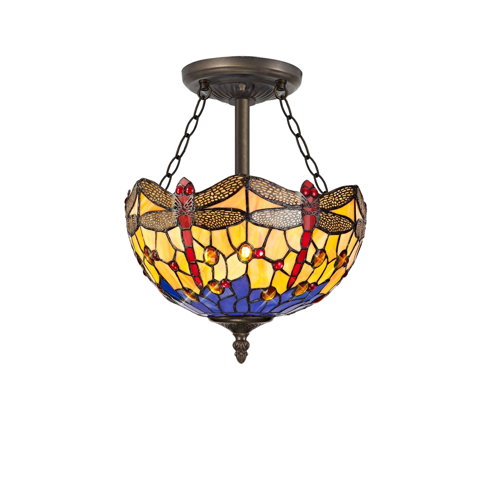 Nuflur 3 Light Semi Ceiling E27 With 30cm Tiffany Shade, Blue/Orange/Crystal/Aged Antique Brass