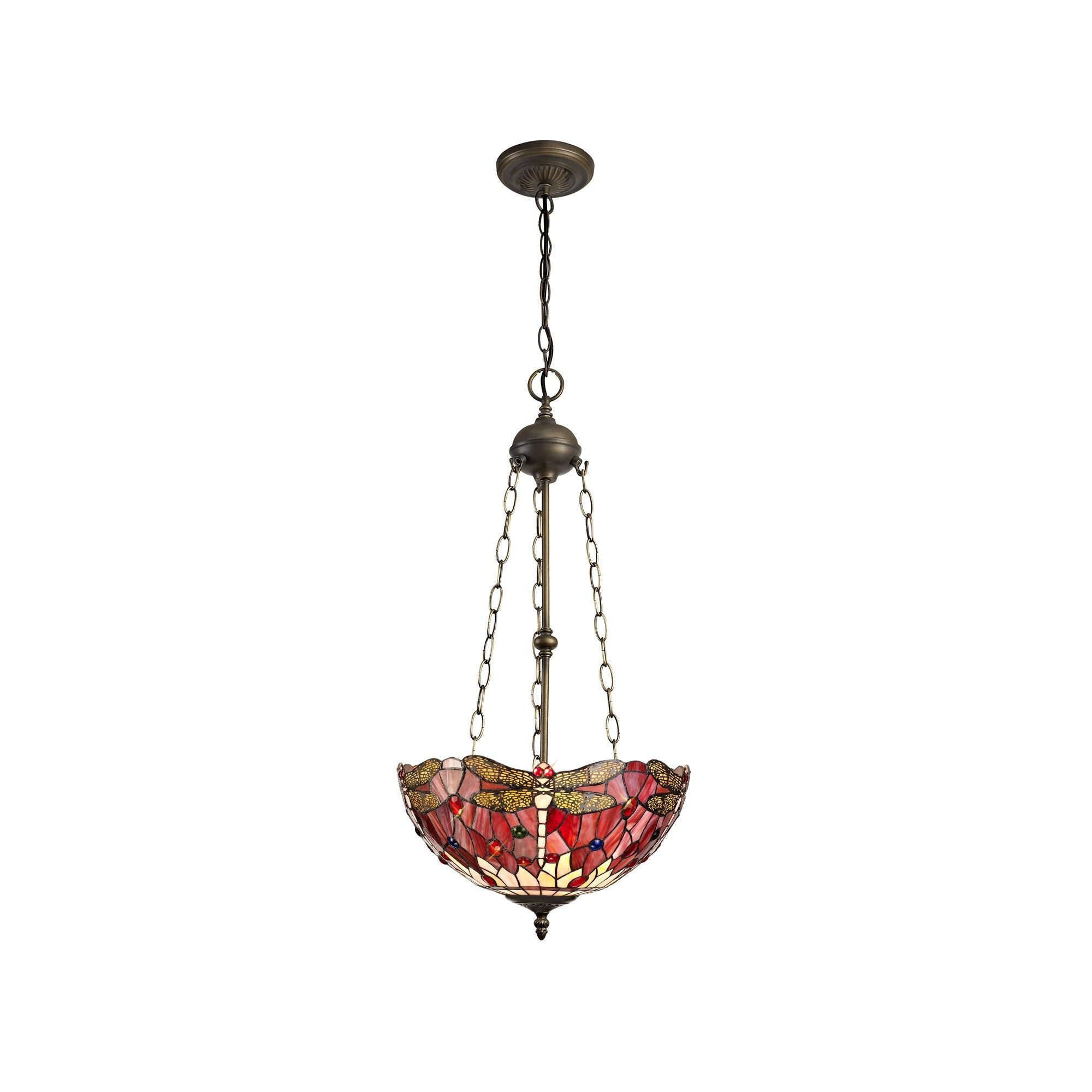 Nuflur 3 Light Uplighter Pendant E27 With 30cm Tiffany Shade,  Antique Brass