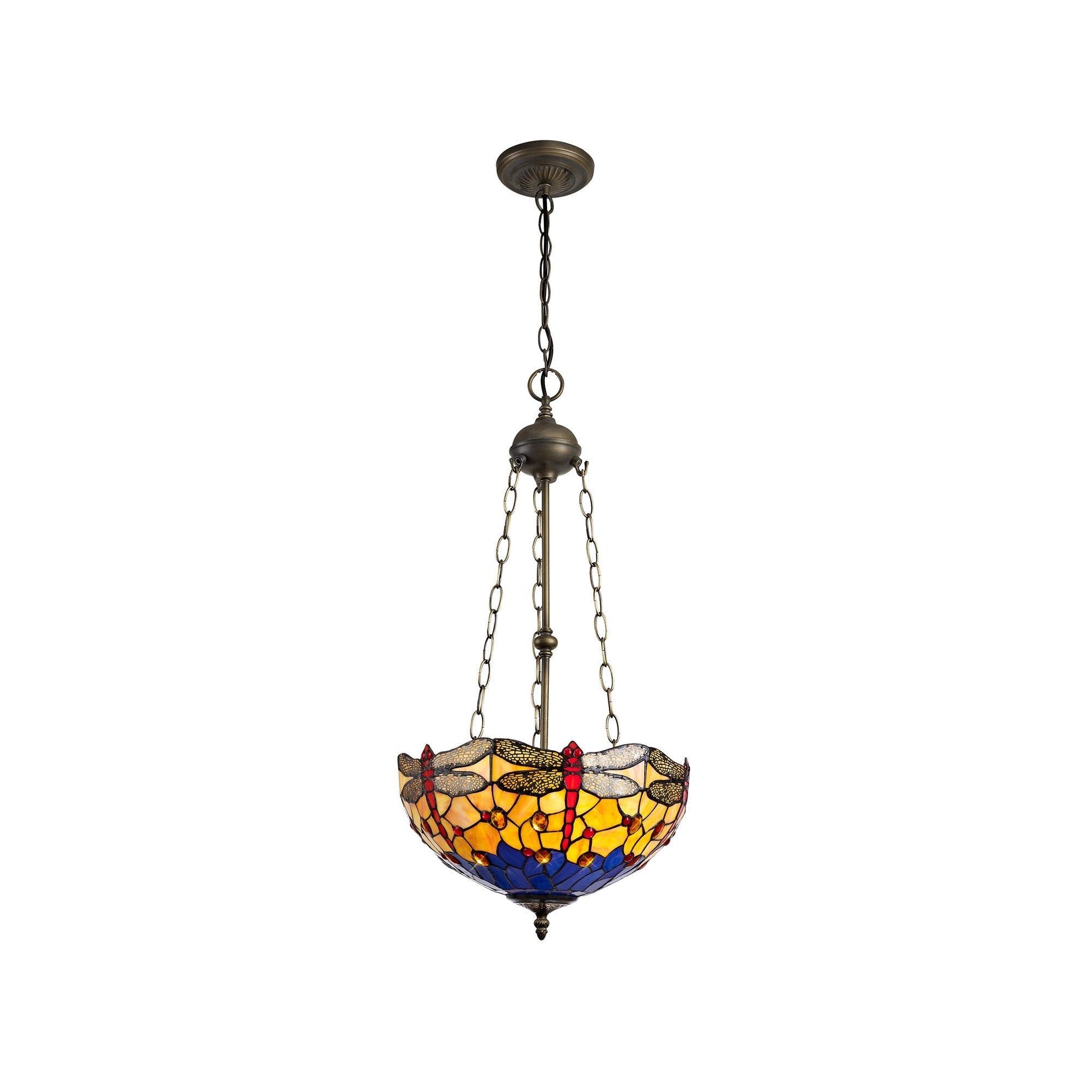 Nuflur 3 Light Uplighter Pendant E27 With 30cm Tiffany Shade,  Antique Brass