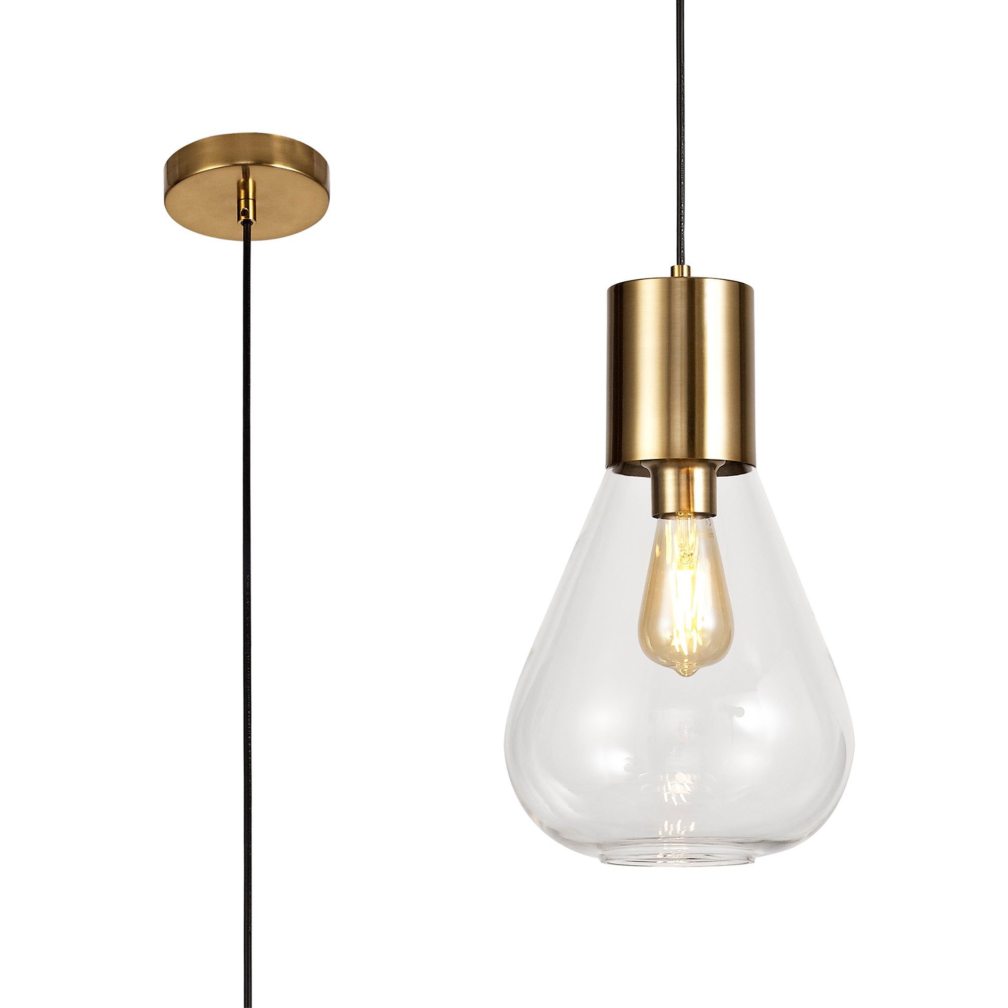 Tuomeb Narrow Pendant, 1 x E27, Ancient Brass/Clear Glass/Satin Nickel/Opal Glass & Clear Twisted Cable