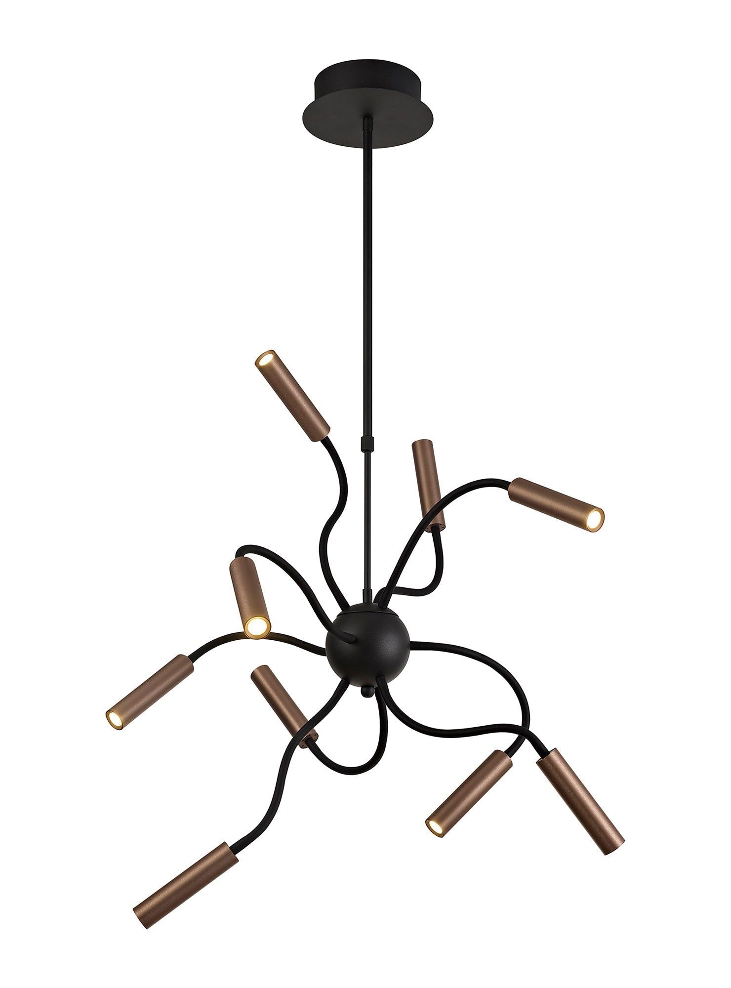Aibeo Sputnik Pendant, 9 Light Adjustable Arms, 9 x 4W LED Dimmable, 3000K, 2250lm, Black & Satin Copper, 3yrs Warranty