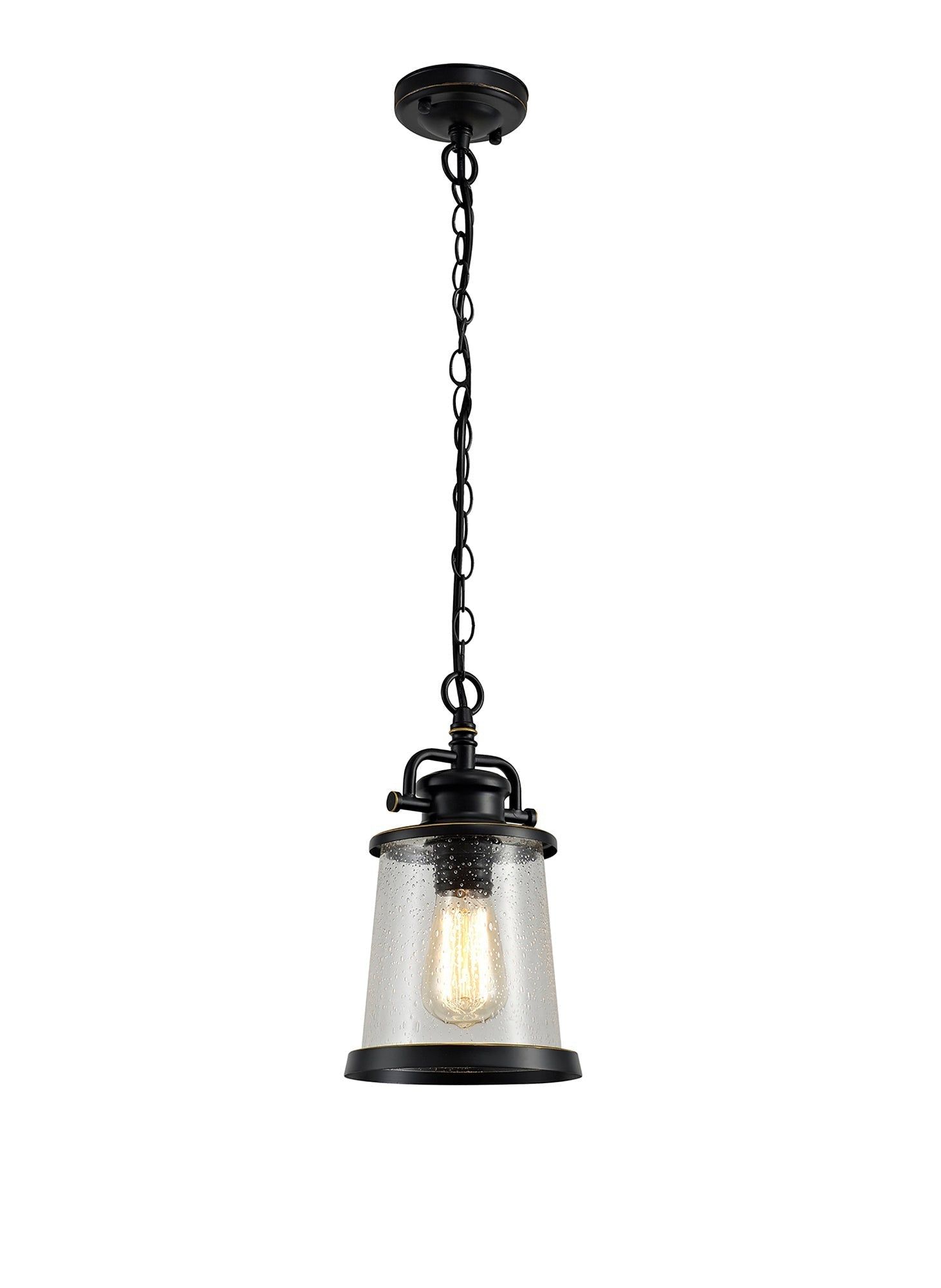 Razor Pendant, 1 x E27, Black/Gold With Seeded Clear Glass, IP54, 2yrs Warranty