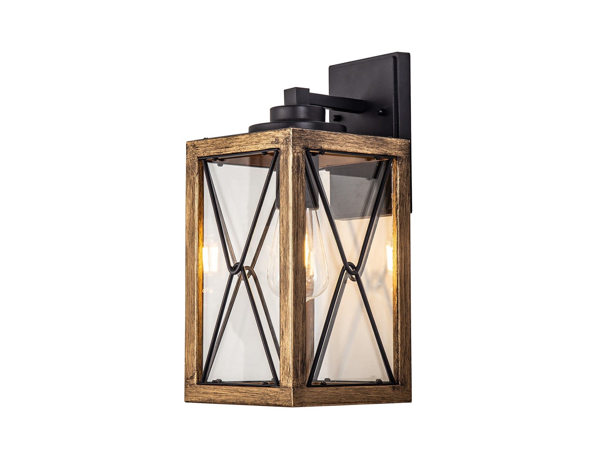 Beait Large/Small Wall Lamp, Wood Effect & Black/Clear Glass, IP54, 2yrs Warranty