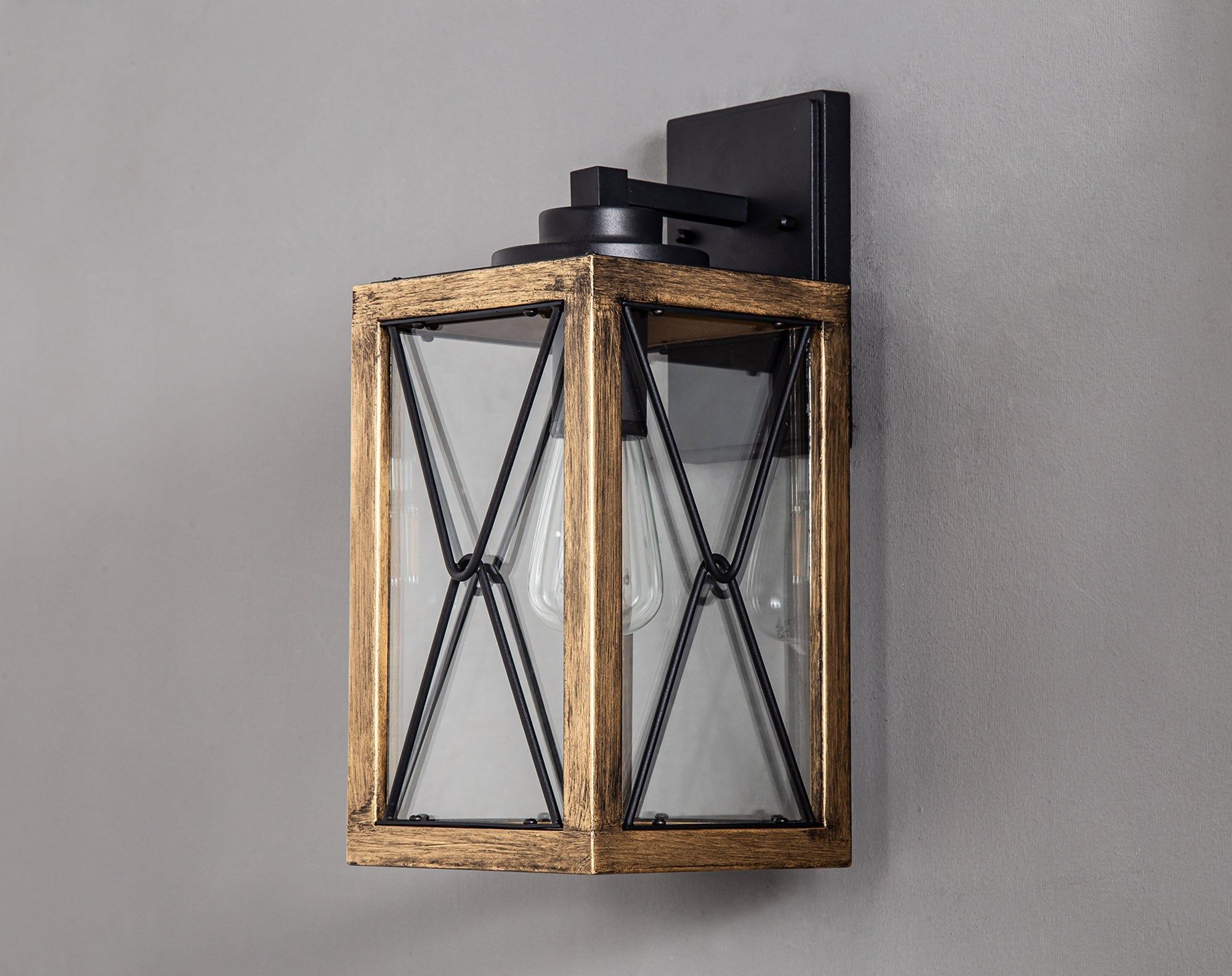 Beait Large/Small Wall Lamp, Wood Effect & Black/Clear Glass, IP54, 2yrs Warranty
