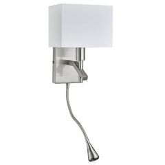 SATIN SILVER WALL LIGHT WITH LED FLEXI-ARM & WHITE OBLONG SHADE - Cusack Lighting