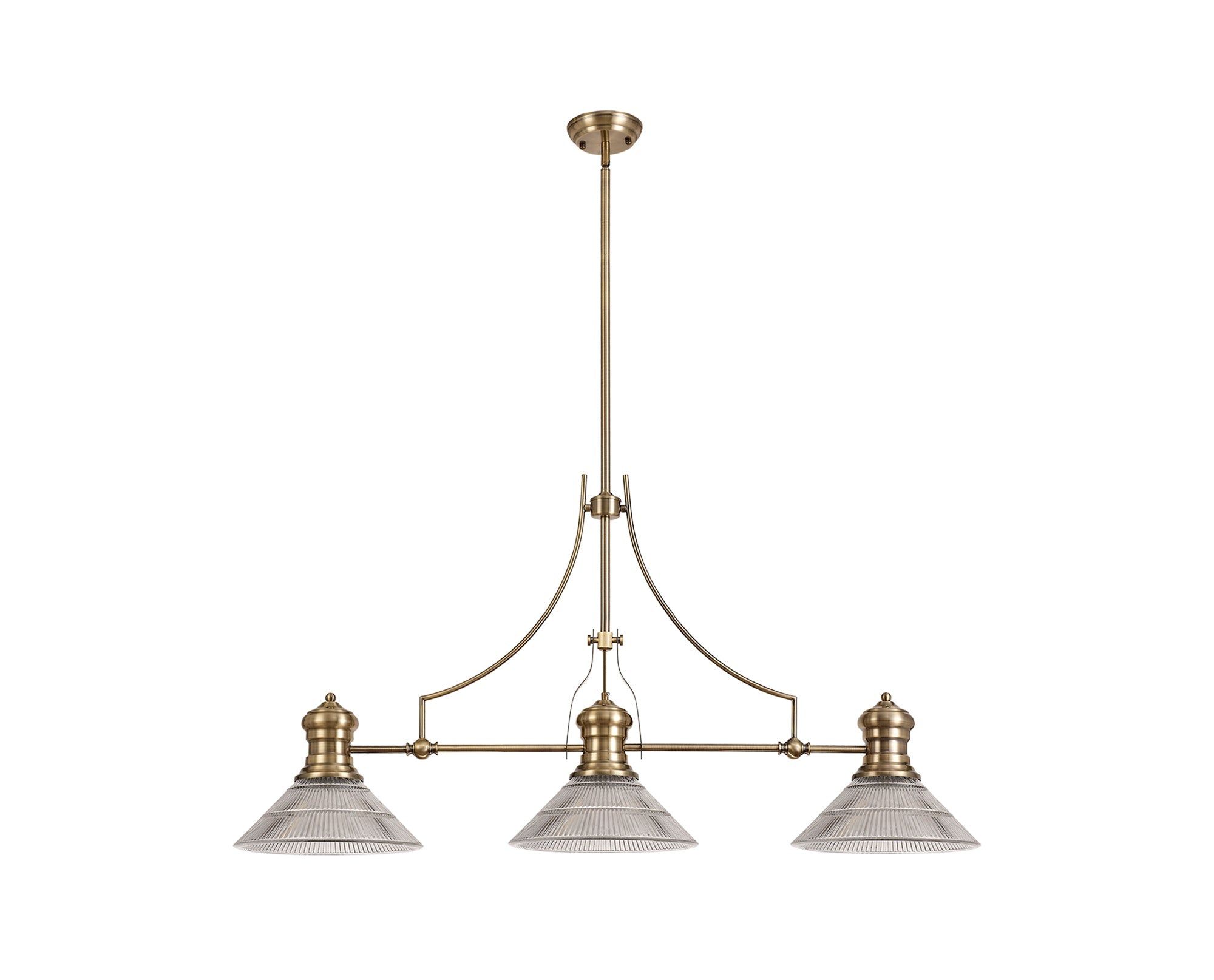 Savannah 3 Light Linear Pendant E27 With 30cm Cone Glass Shade, Antique Brass, Clear