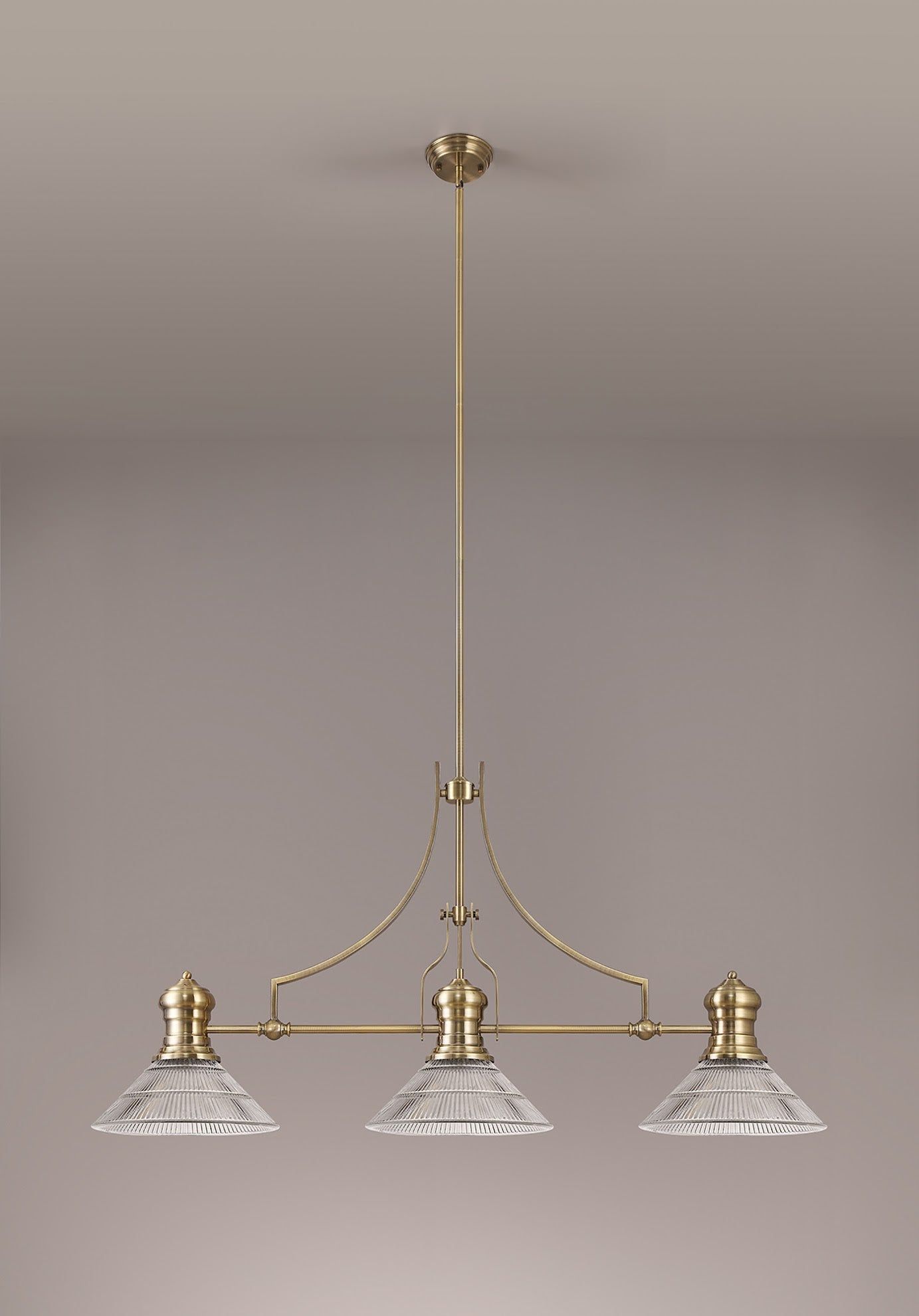 Savannah 3 Light Linear Pendant E27 With 30cm Cone Glass Shade, Antique Brass, Clear
