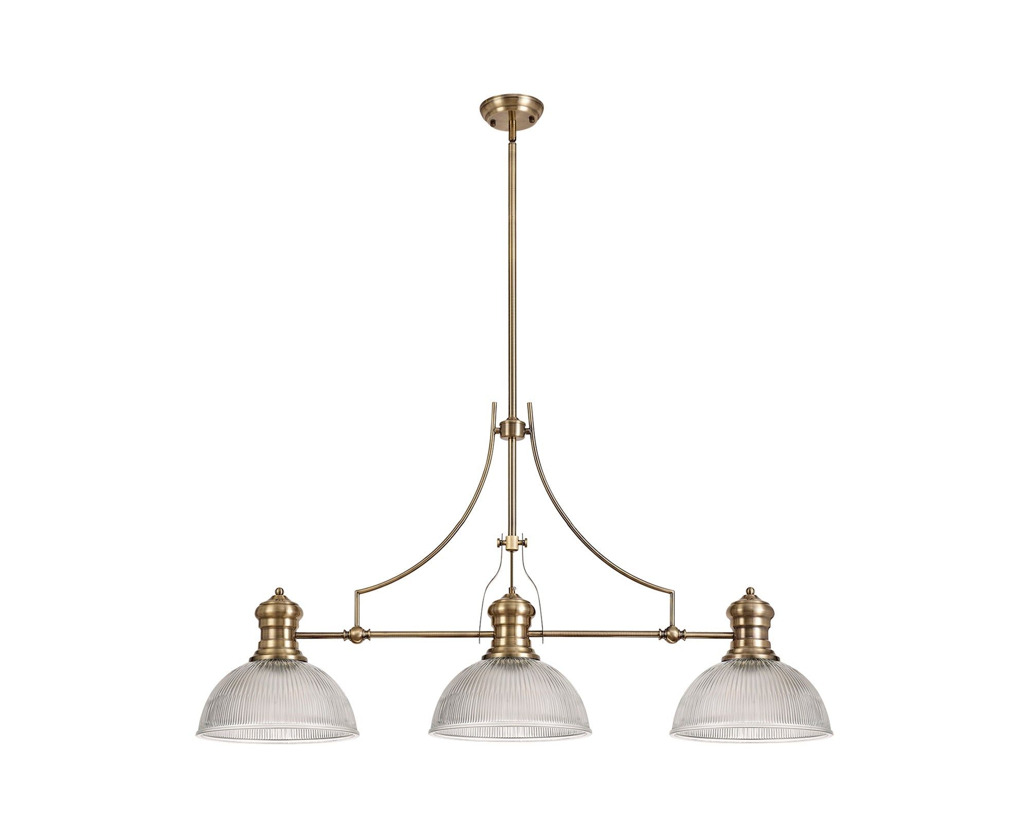 Savannah 3 Light Linear Pendant E27 With 30cm Dome Glass Shade, Antique Brass, Clear