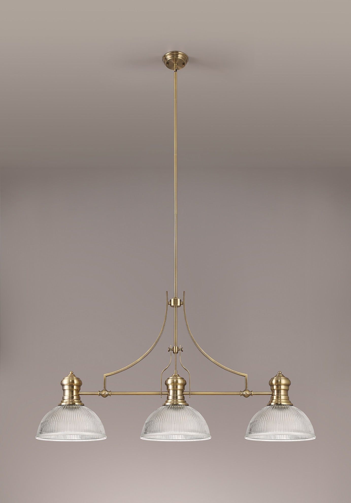 Savannah 3 Light Linear Pendant E27 With 30cm Dome Glass Shade, Antique Brass, Clear