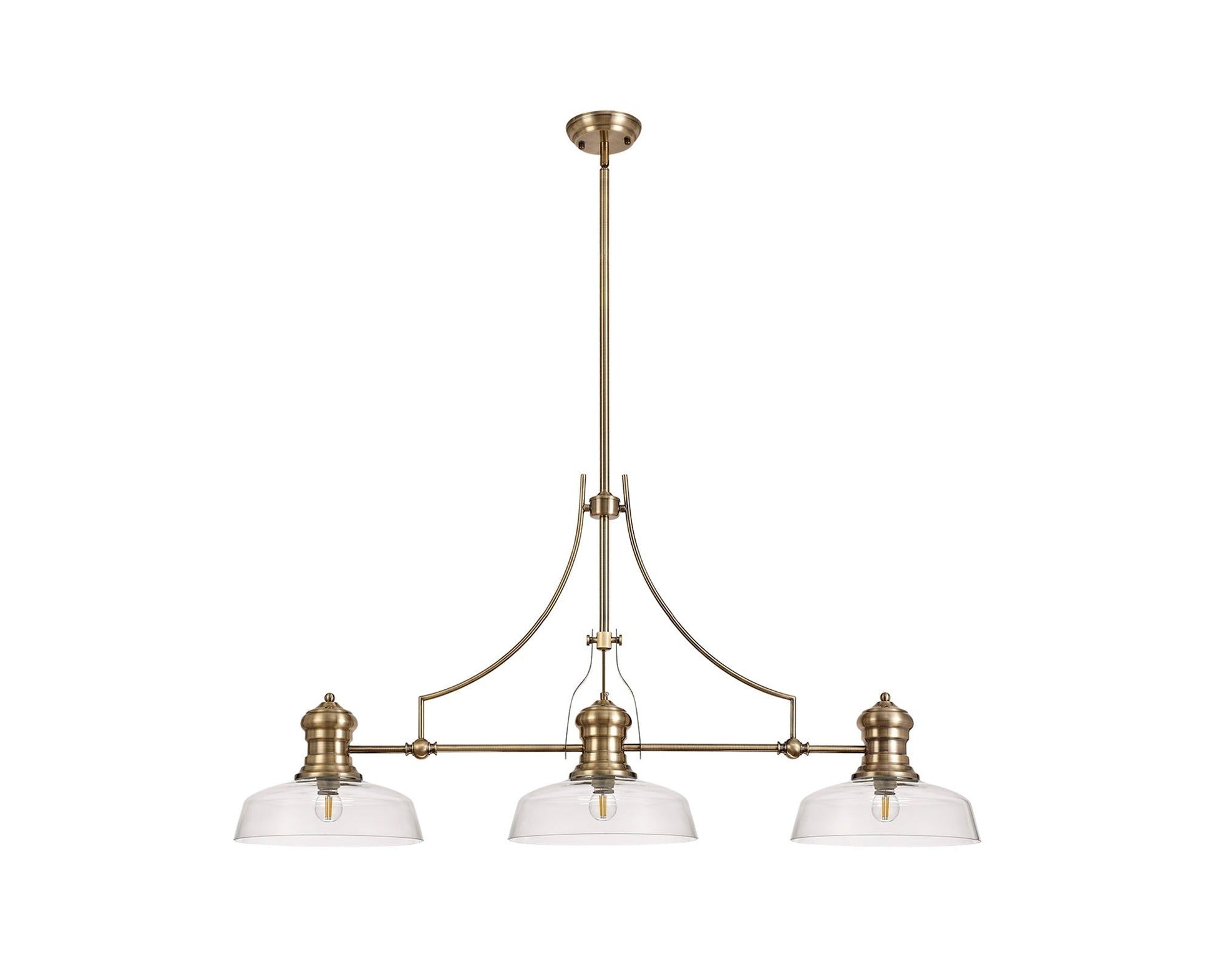 Savannah 3 Light Linear Pendant E27 With 30cm Flat Round Glass Shade, Antique Brass, Clear