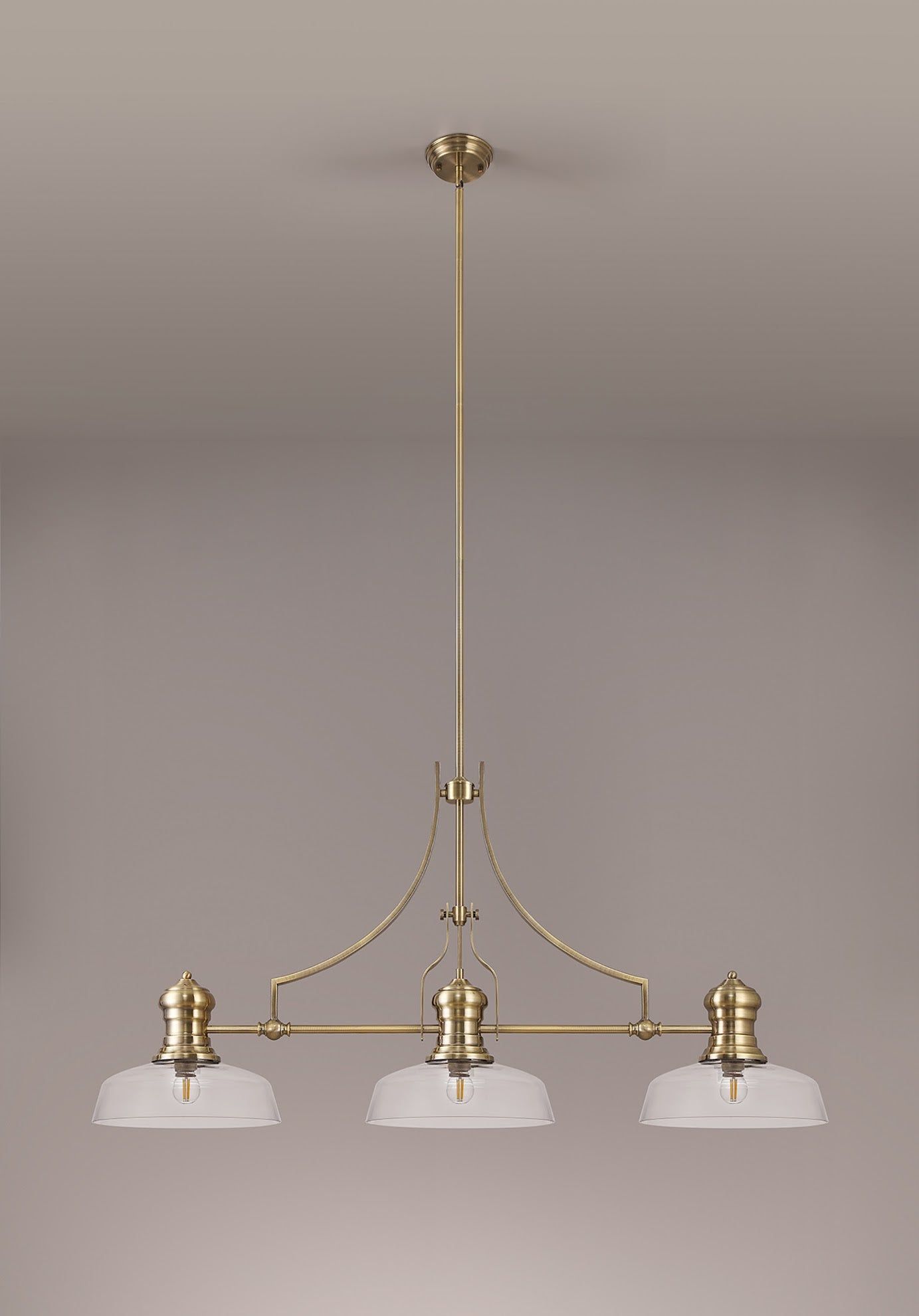 Savannah 3 Light Linear Pendant E27 With 30cm Flat Round Glass Shade, Antique Brass, Clear